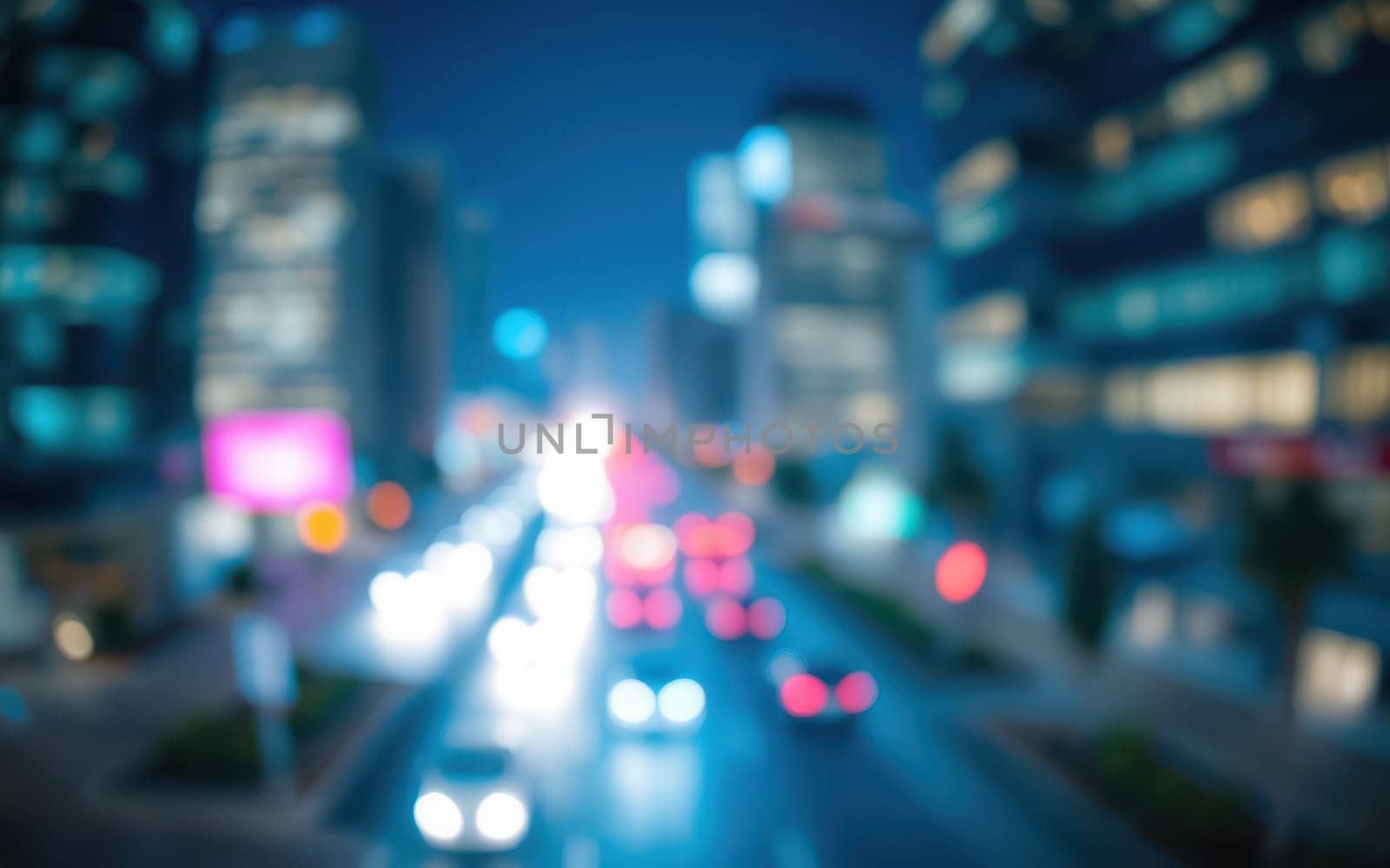 Bright lights reflect off modern skyscrapers as vehicles move through the bustling city streets at night, creating a vibrant and dynamic urban atmosphere.