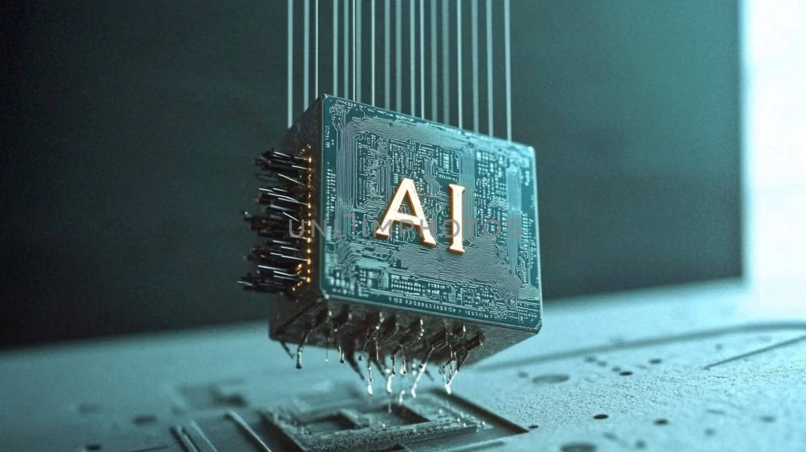 Computer chip with ai written on it is being lowered by cables onto a circuit board. The image represents the future of technology and the power of artificial intelligence