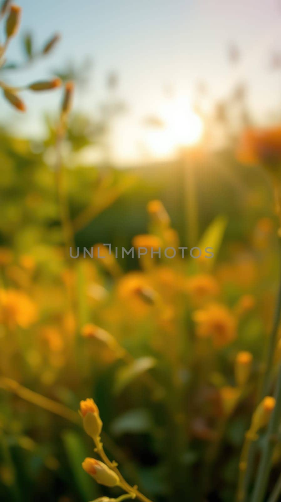 Sun sets over a peaceful meadow filled with blooming wildflowers. The golden light enhances the vibrant colors, creating a tranquil and picturesque atmosphere.