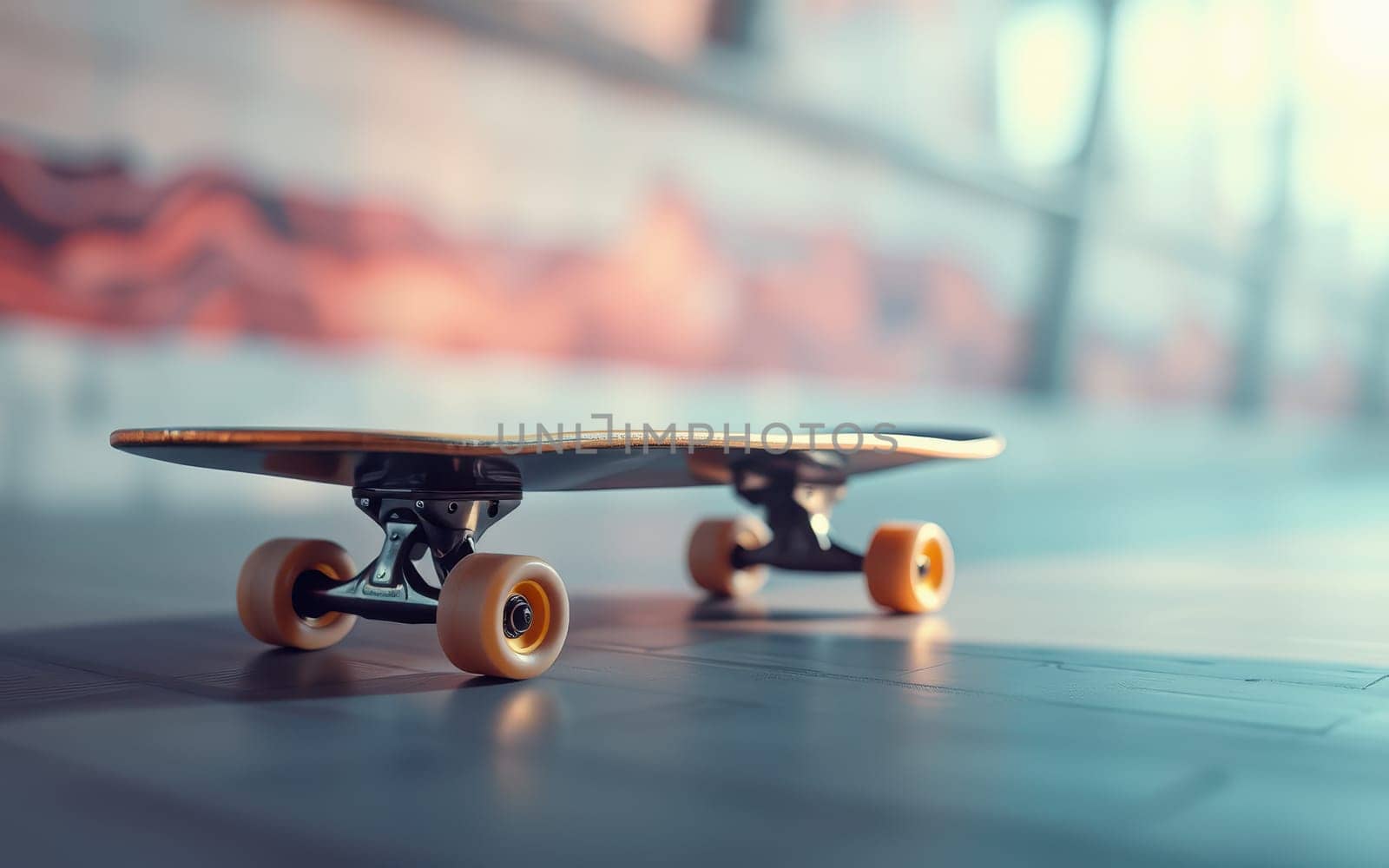 A skateboard is positioned on a polished wooden floor, basking in natural light. The bright urban backdrop hints at an active skate scene nearby.