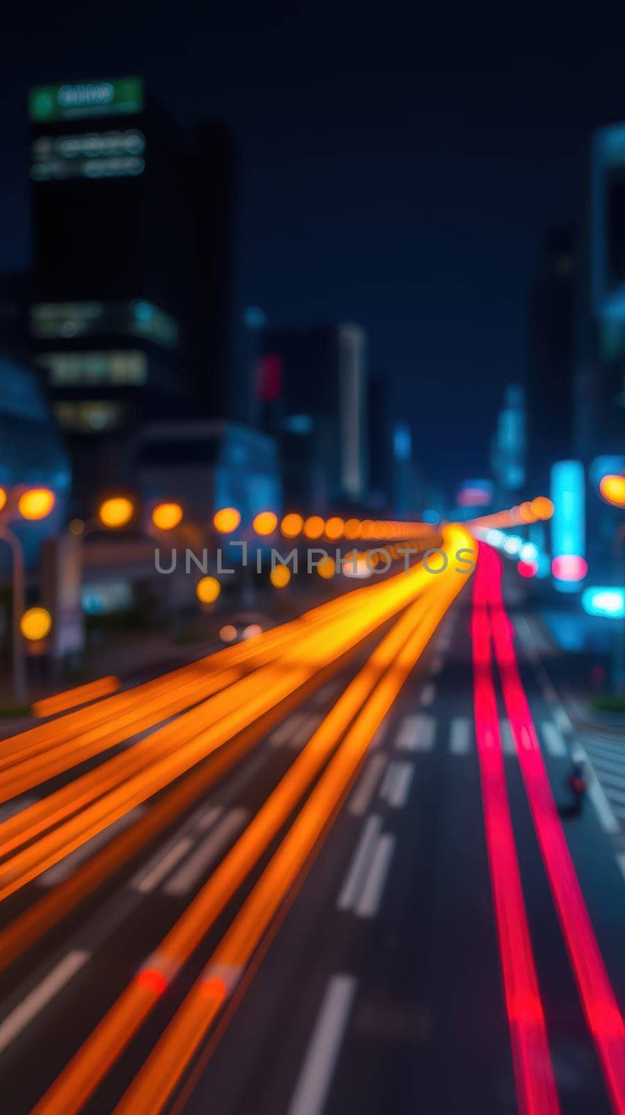 Bright streaks of light fill a lively urban street, showcasing the hustle of city traffic at night. Skyscrapers and road markings add to the vibrant atmosphere.