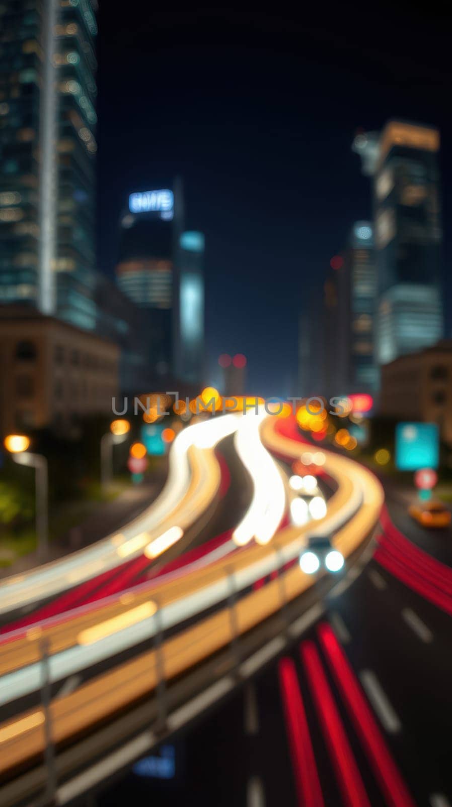 Bright headlights and taillights create dynamic light trails on a busy roadway amid tall buildings. The city skyline shines with neon signs under the dark sky, capturing nighttime energy.