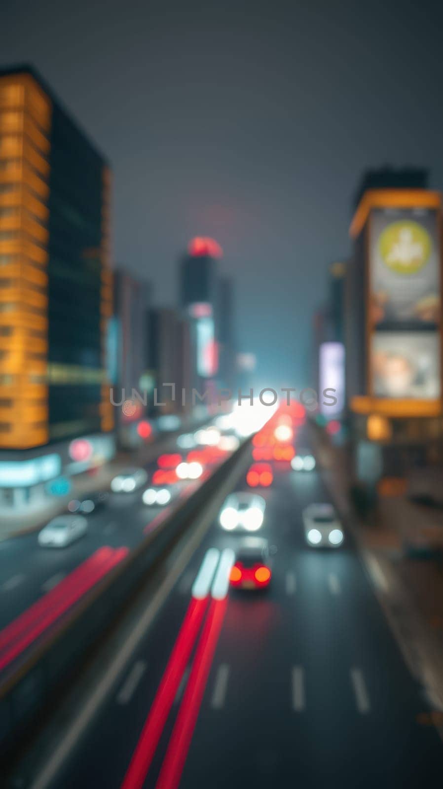 Bright city lights illuminate the skyline as cars rush along the highway, creating a dynamic flow of traffic in an urban environment at night. The atmosphere buzzes with energy.