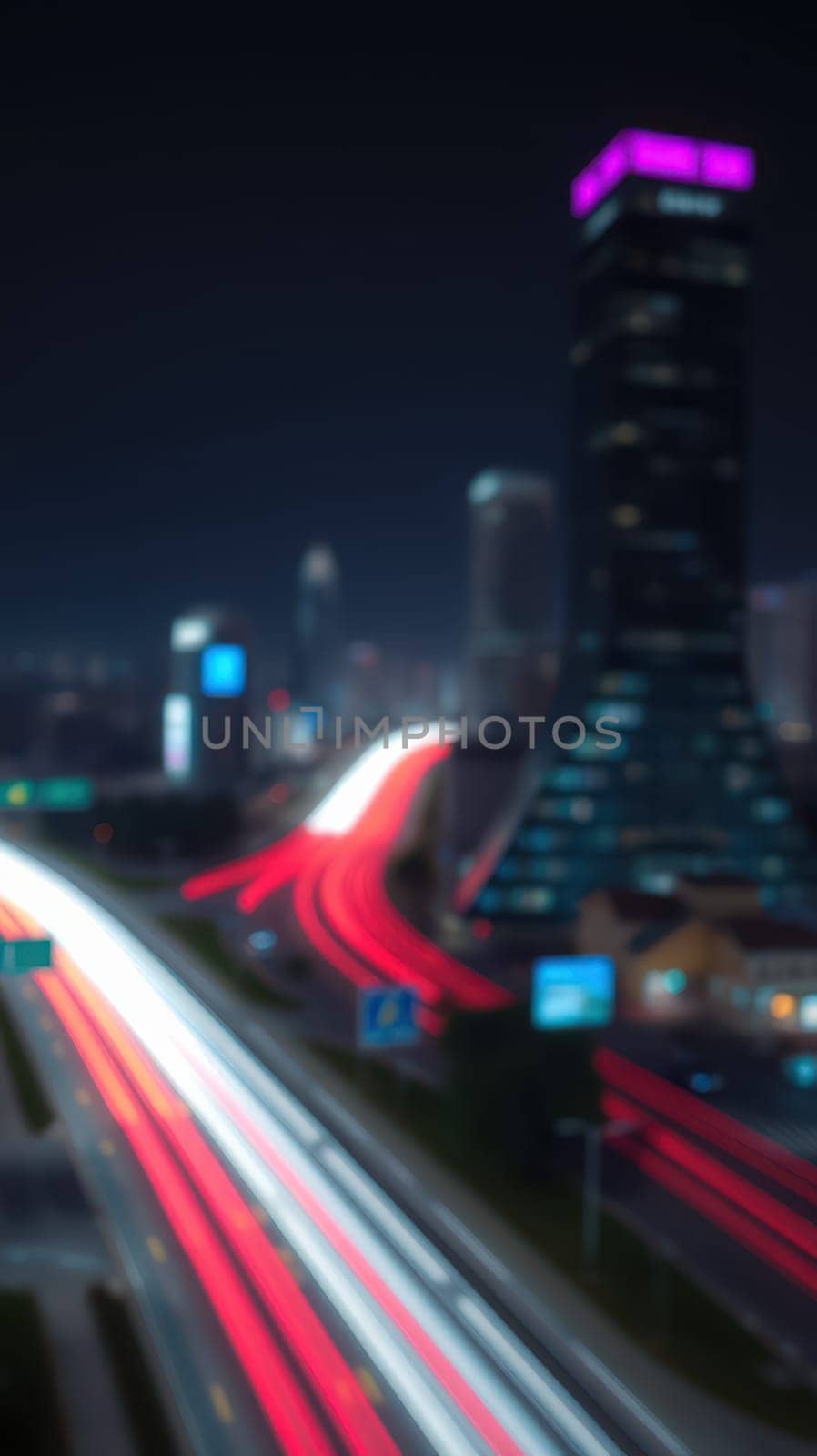 Bright light trails from speeding cars create a dynamic view of a bustling city at night, with skyscrapers twinkling in the background under the dark sky.