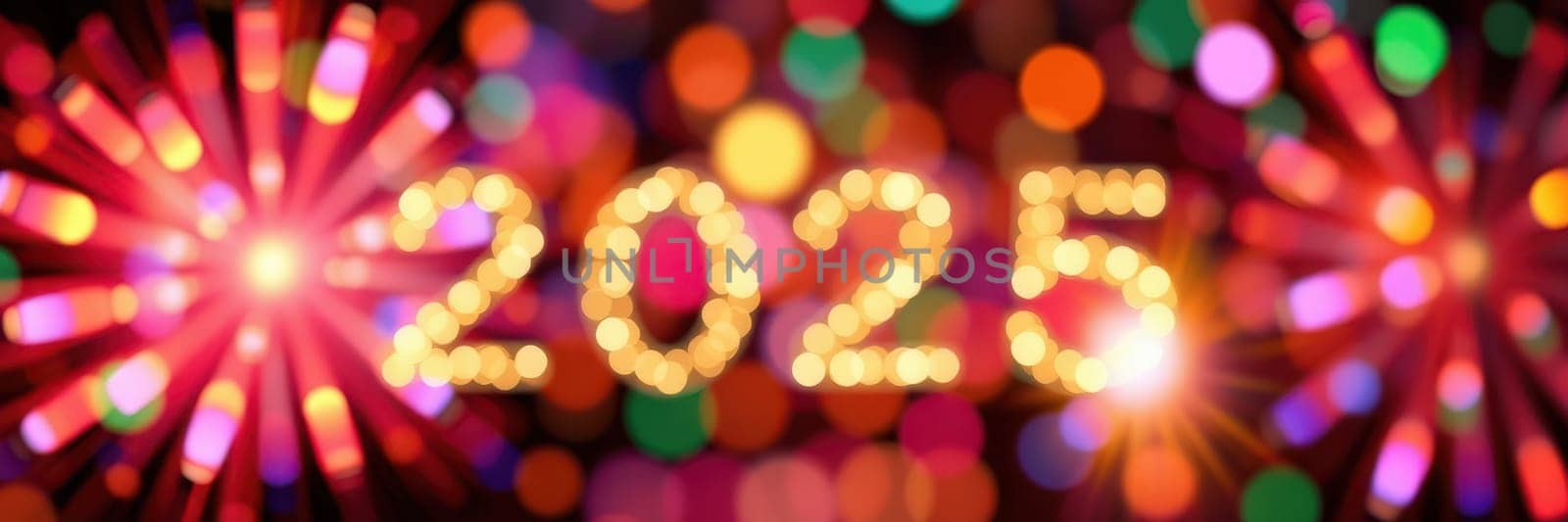 Colorful lights and vibrant fireworks illuminate the night sky as people gather to celebrate the arrival of the year 2025. Joyful festivities create a lively atmosphere.