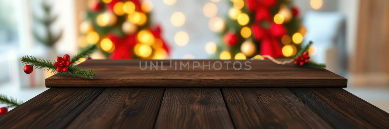 A wooden table is presented, decorated with pine branches and red berries, surrounded by soft glowing Christmas lights and festive ornaments in a warm environment.