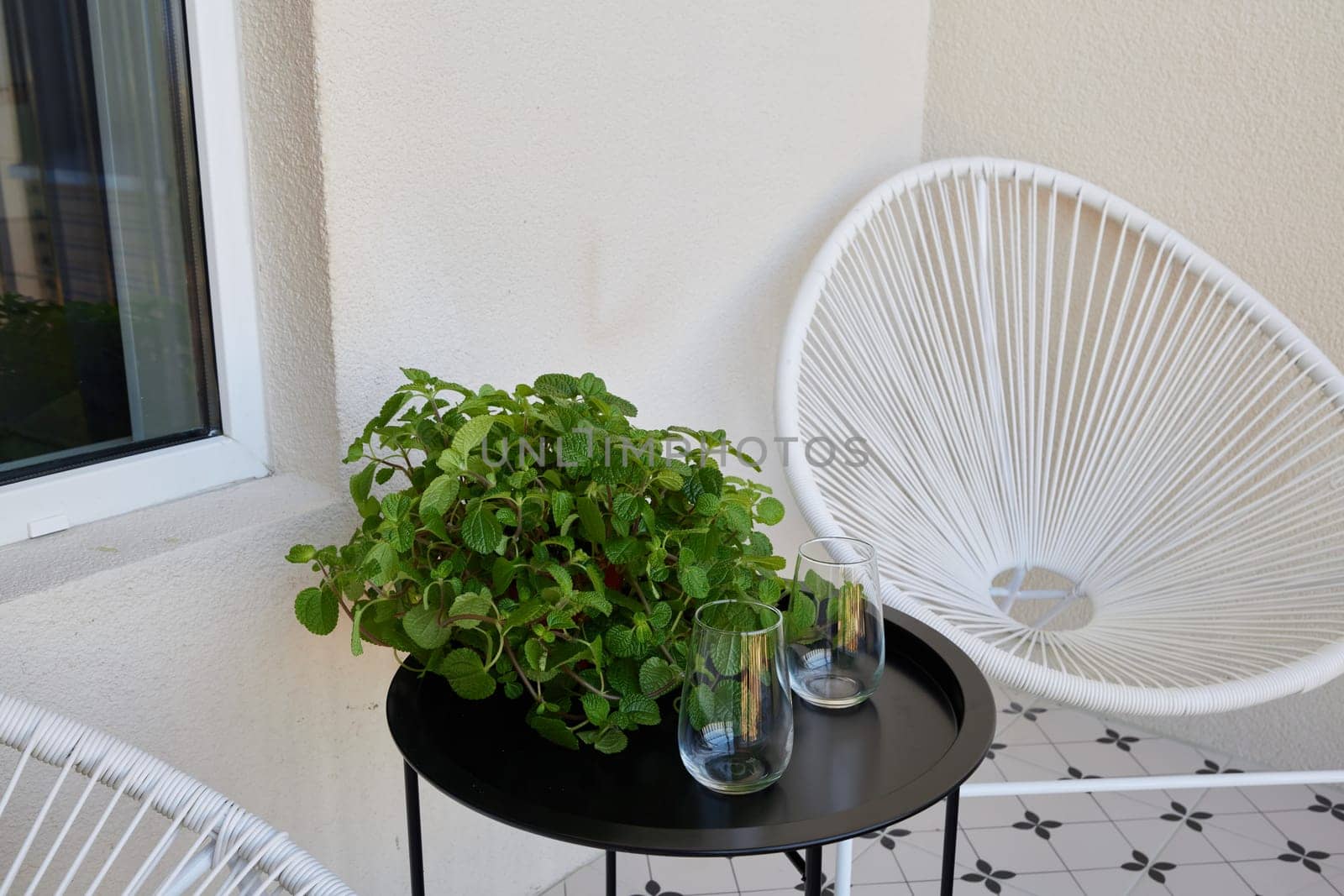 A peaceful balcony with modern chairs, lush plants, and elegant decor that enhances the inviting atmosphere