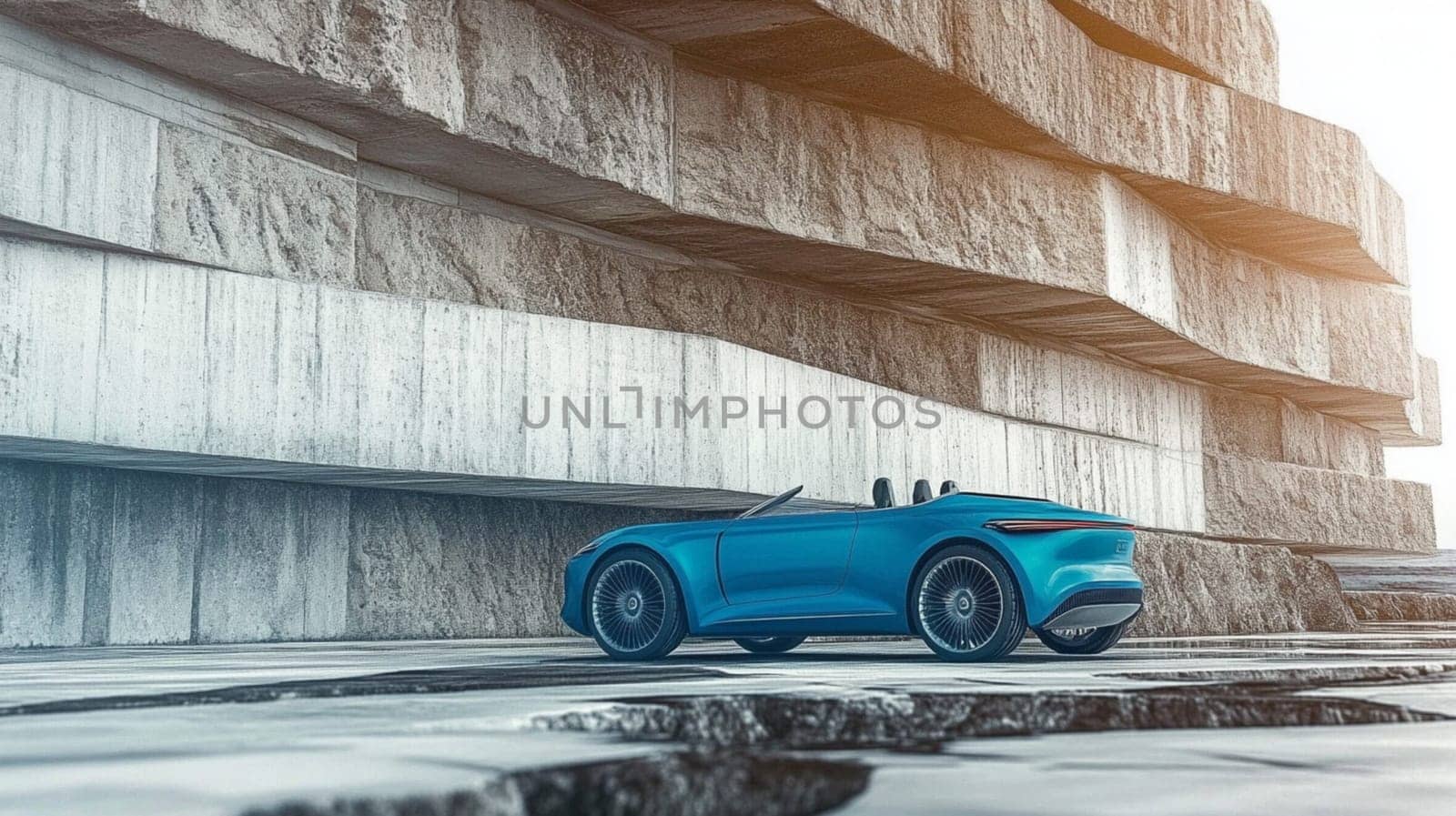 Sleek electric car parked against modern architecture, evoking luxury, innovation, and the future of transportation