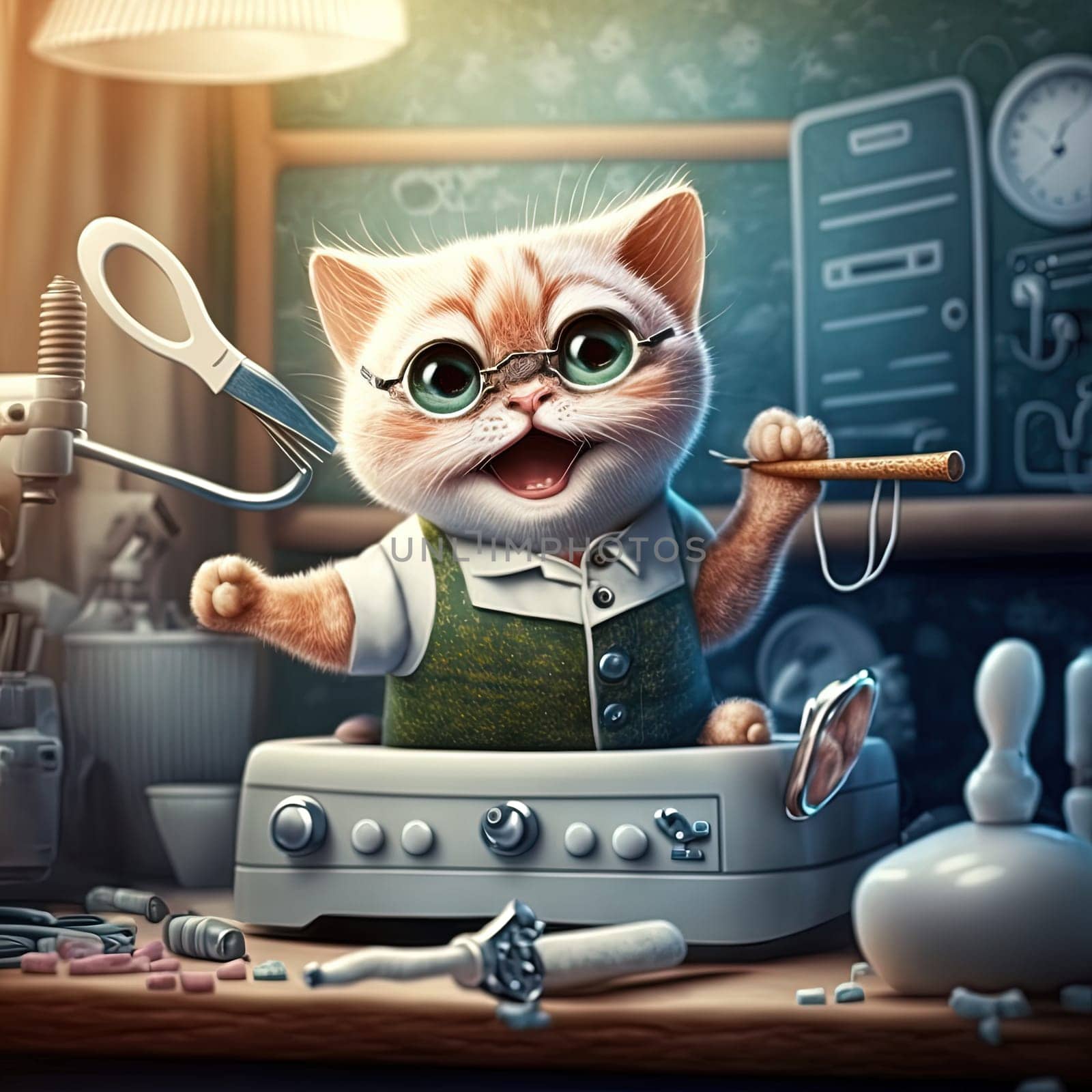Funny dentist cat. Cute kitten in doctor costume with dentistry and hygiene tools. Generative AI