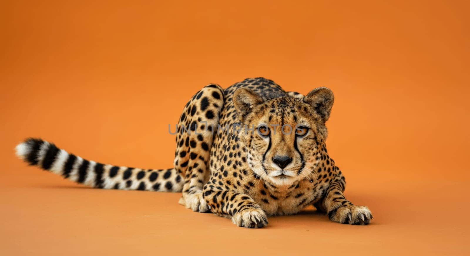 A striking cheetah lies poised against a bold orange background, showcasing its sleek form and distinctive spots. the alert gaze and muscular stance highlight the animal's agility and grace.