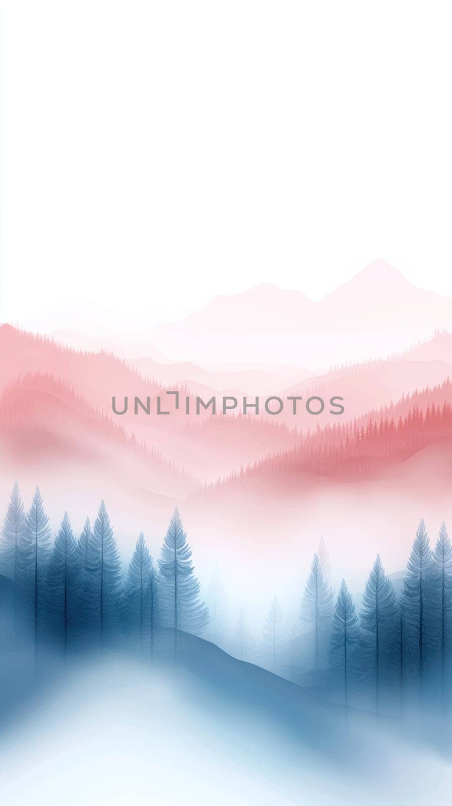 A Soft gradients and gentle colors create serene winter landscape with misty mountains and evergreen trees
