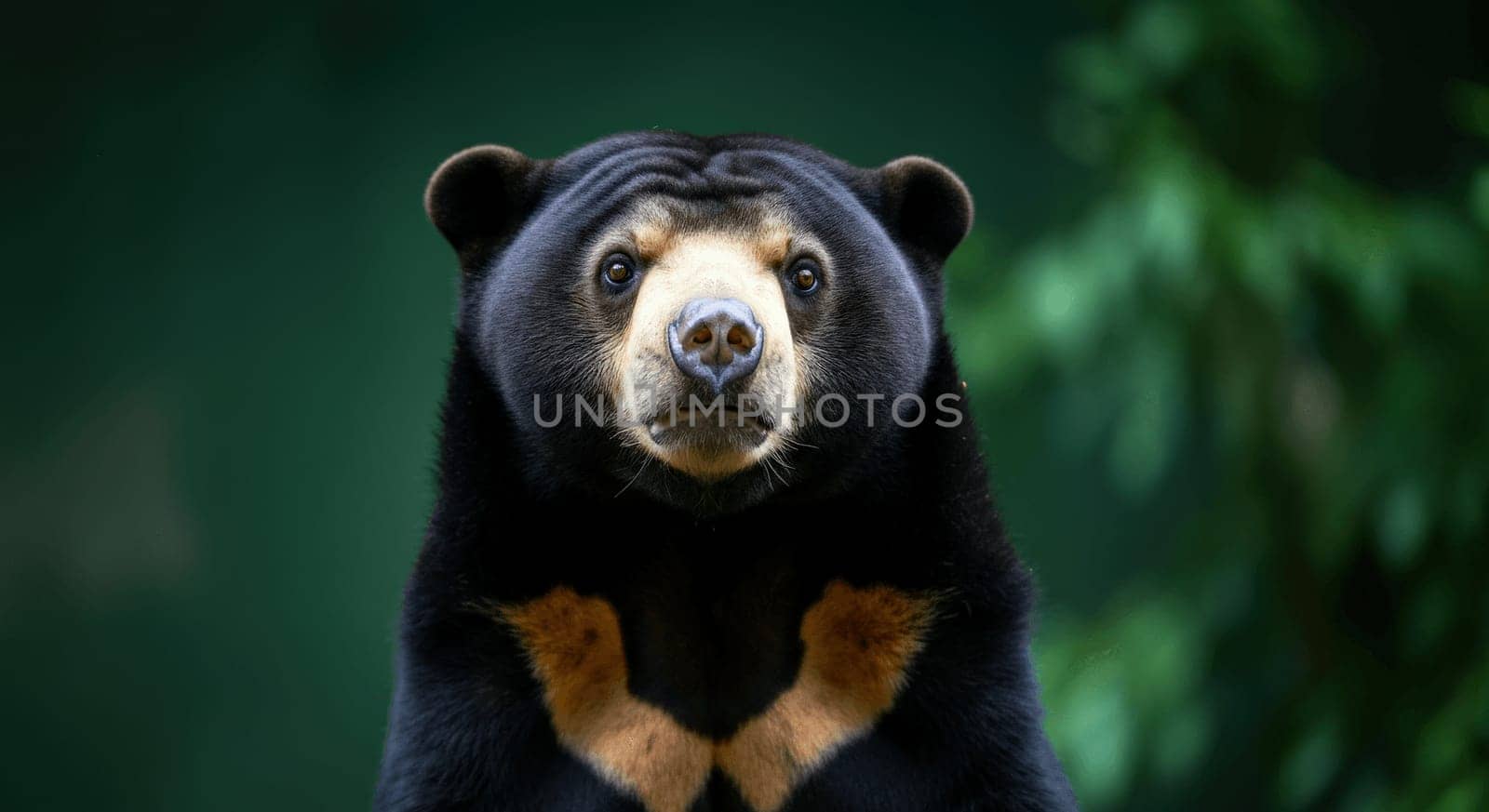 A majestic sun bear stands amidst dense forest greenery, exuding a serene and contemplative presence. its distinct facial markings and glossy fur are prominent against the blurred foliage, symbolizing the beauty and importance of wildlife conservation.