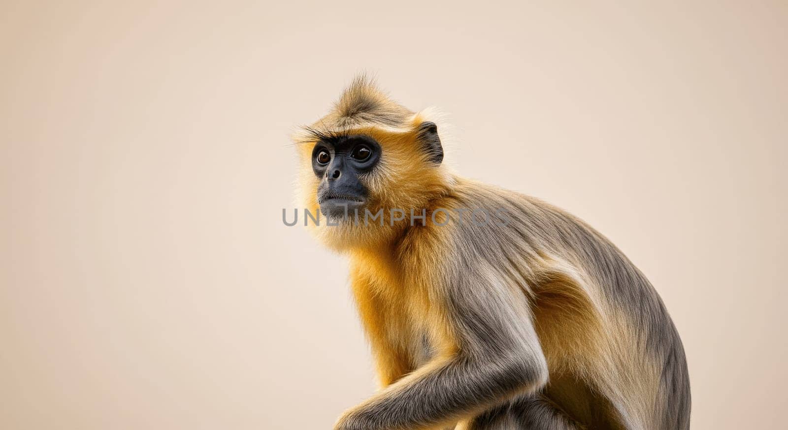 Golden langur with golden fur and expressive face, poised against a neutral light background. highlights unique facial features and captivating eyes. ideal for wildlife conservation themes, animal studies, or educational materials.