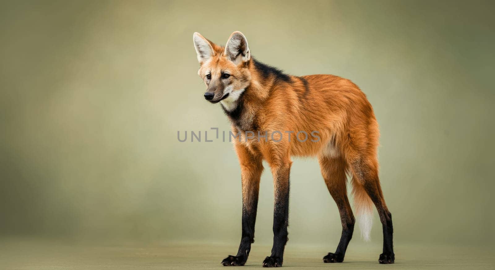 Maned wolf standing gracefully on a neutral background, displaying its distinctive reddish coat and long legs. the solitary creature gazes forward, embodying the essence of south american wildlife.