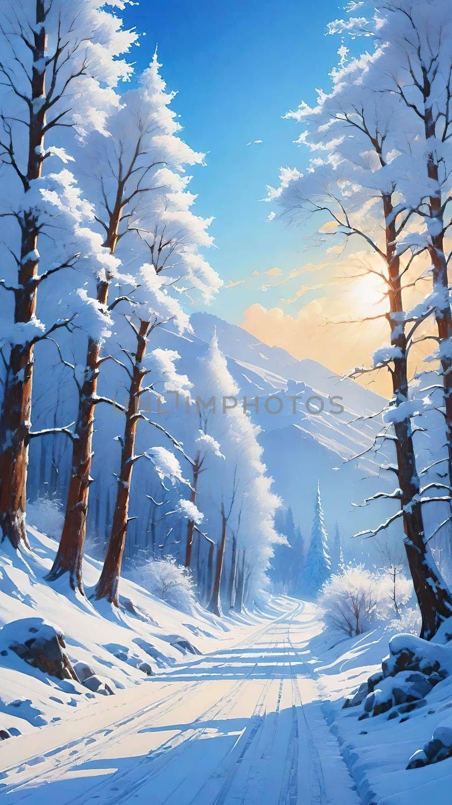 Winter Wonderland Path.The image depicts a serene winter scene with a long, straight path flanked by tall, leafless trees covered in snow. The path is blanketed in snow, with tire tracks visible, suggesting recent activity. The trees' branches are delicately coated with snow, creating a picturesque canopy against a clear blue sky. The scene is tranquil and pristine, capturing the beauty of a winter day.