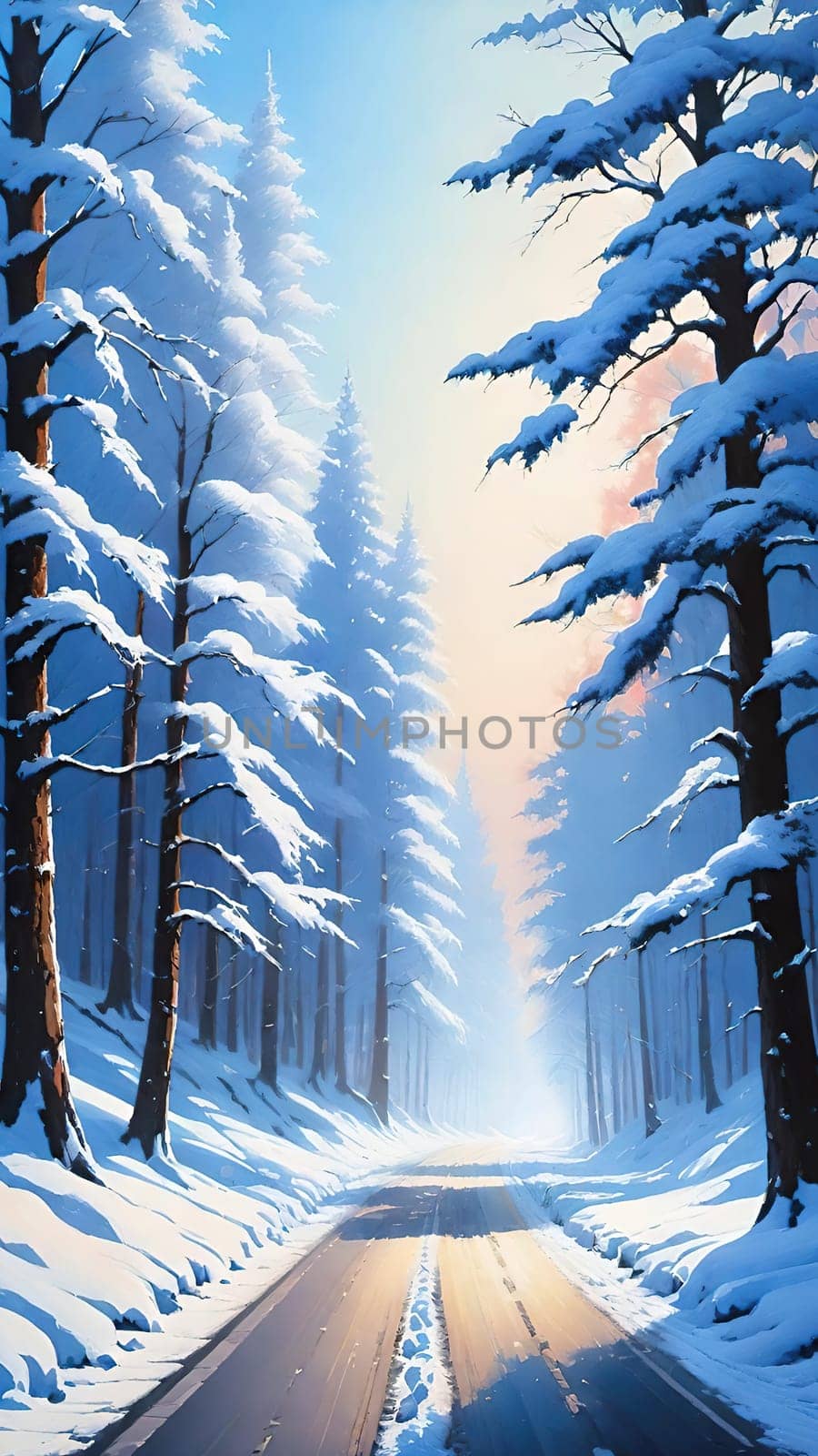 Winter Wonderland Path.The image depicts a serene winter scene with a long, straight path flanked by tall, leafless trees covered in snow. The path is blanketed in snow, with tire tracks visible, suggesting recent activity. The trees' branches are delicately coated with snow, creating a picturesque canopy against a clear blue sky. The scene is tranquil and pristine, capturing the beauty of a winter day.