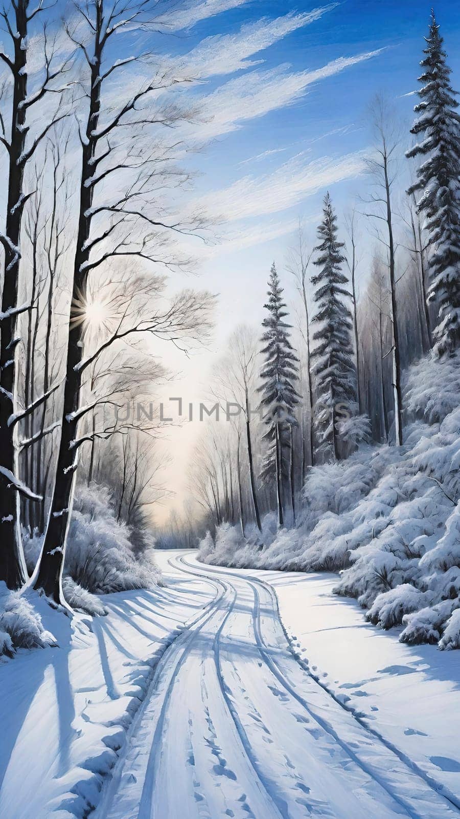 Winter Wonderland Path.The image depicts a serene winter scene with a long, straight path flanked by tall, leafless trees covered in snow. The path is blanketed in snow, with tire tracks visible, suggesting recent activity. The trees' branches are delicately coated with snow, creating a picturesque canopy against a clear blue sky. The scene is tranquil and pristine, capturing the beauty of a winter day.