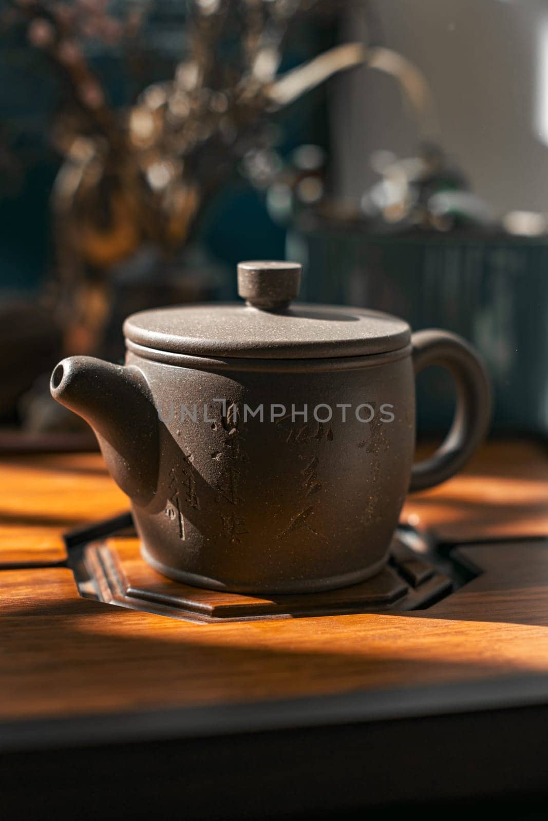 A beautifully crafted and elegantly designed teapot rests gracefully on a lovely wooden table, bathed in natural light