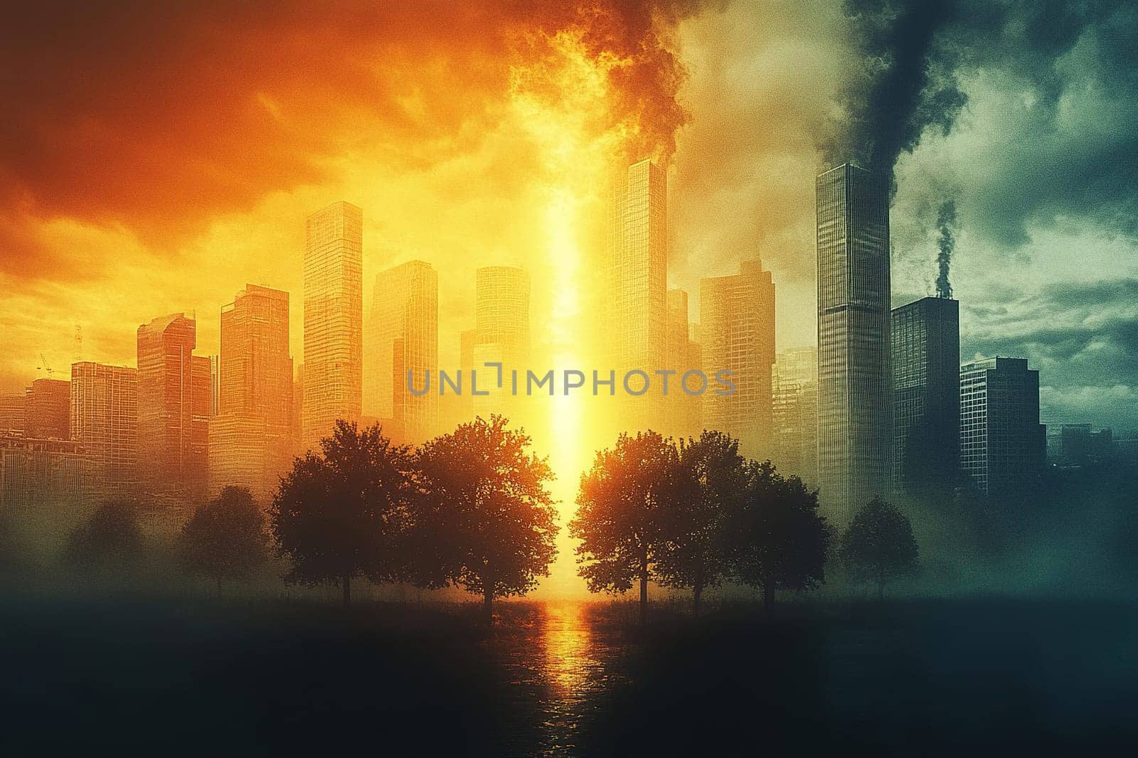 Image of a city with skyscrapers and trees shrouded in clouds of smoke. Concept of climate catastrophe.