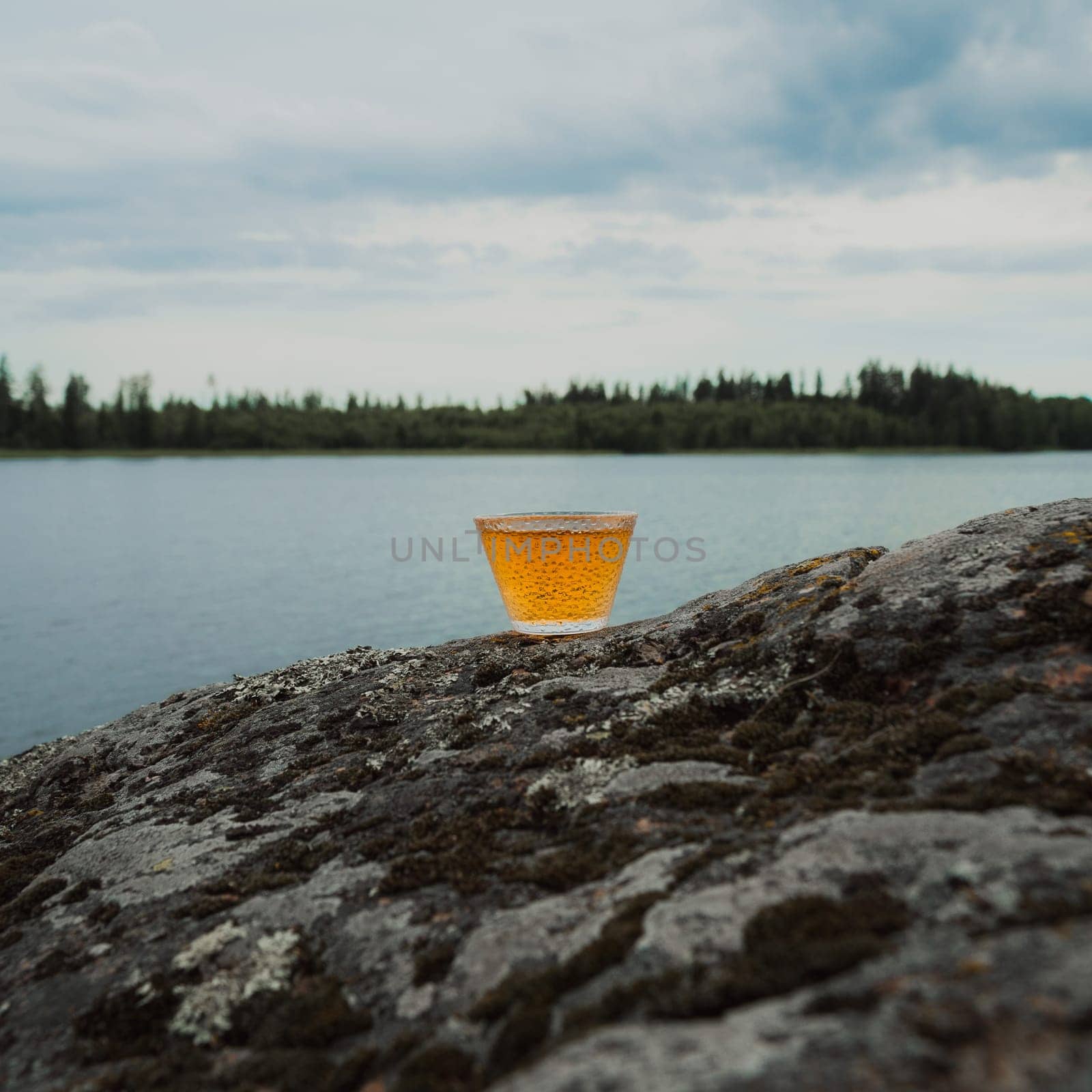 A beautifully serene lakeside view showcasing a refreshing drink placed on a rock, capturing natures lovely beauty