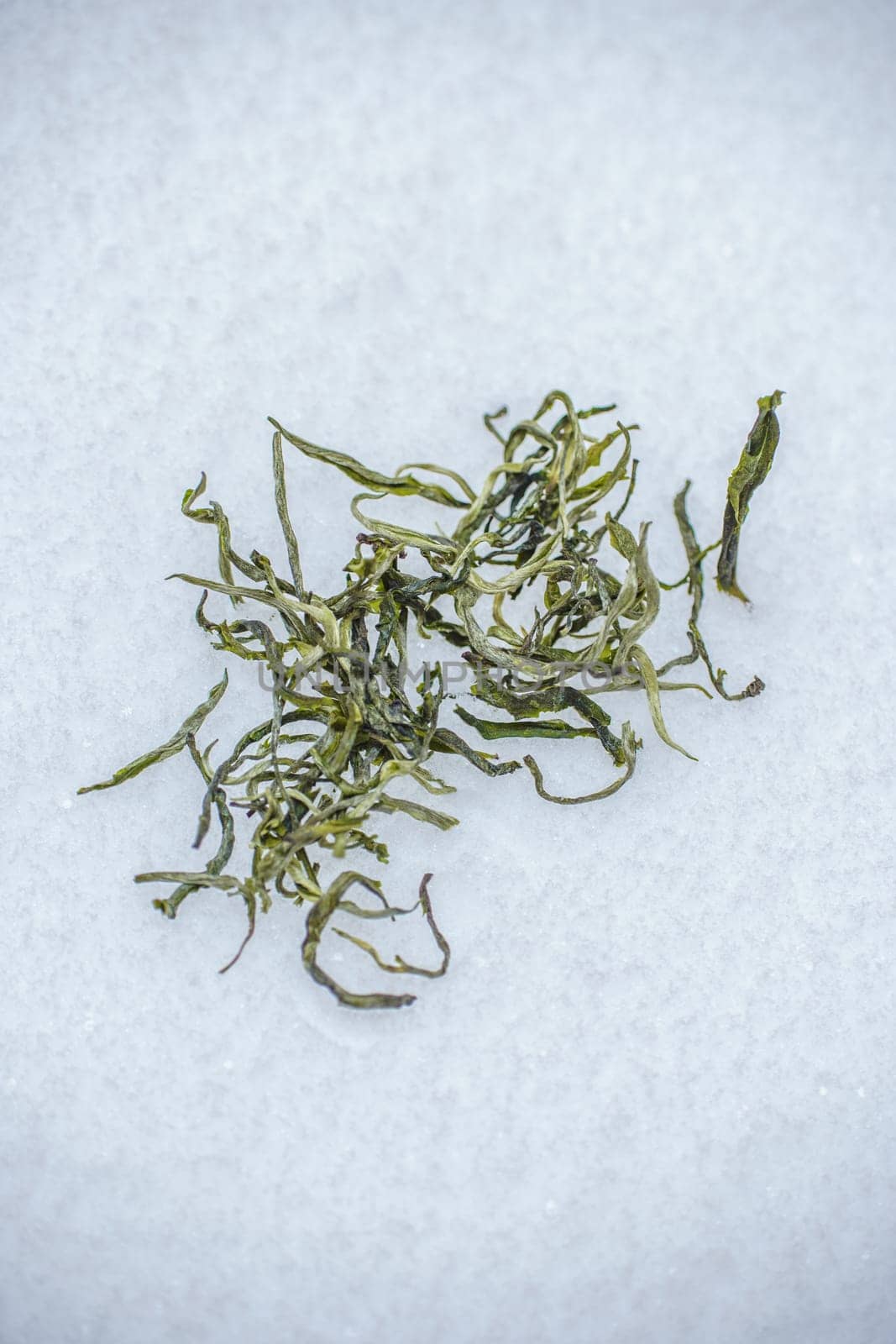 A closeup view of dried green tea leaves, which are perfectly prepared for steeping or various culinary uses