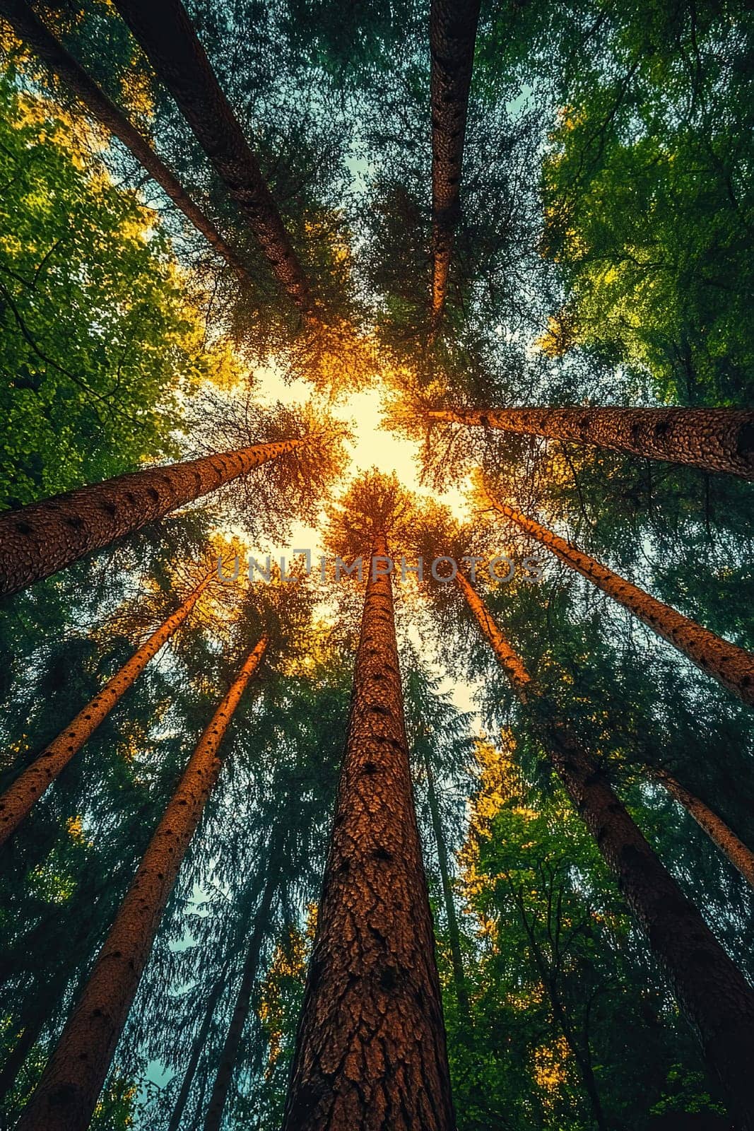 Pine tree crowns reach the sky, sunlight penetrates through the leaves. Photo of the forest from the bottom up. Vertical wallpaper