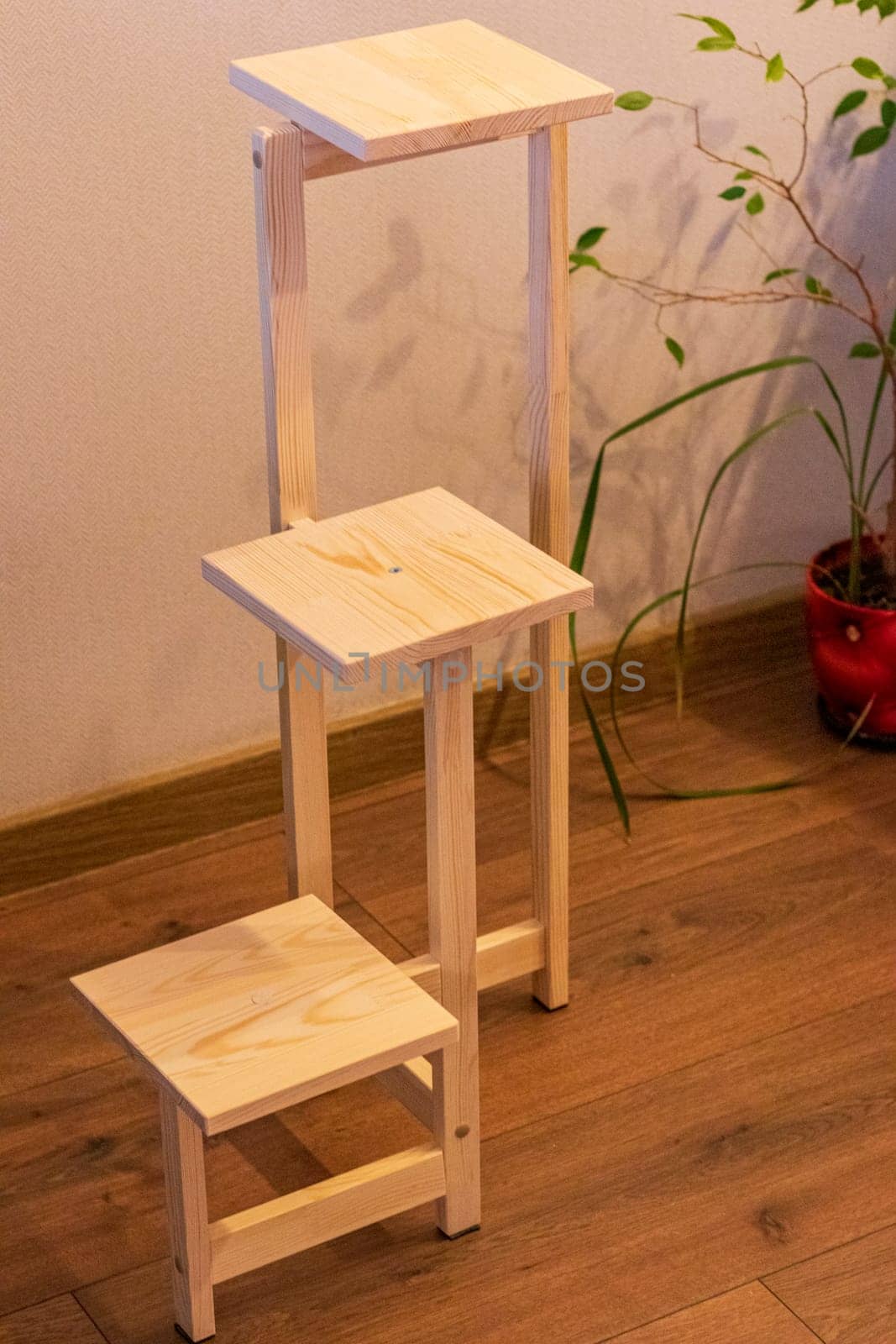 Close up shot of assembled wooden shelf for plants in pots