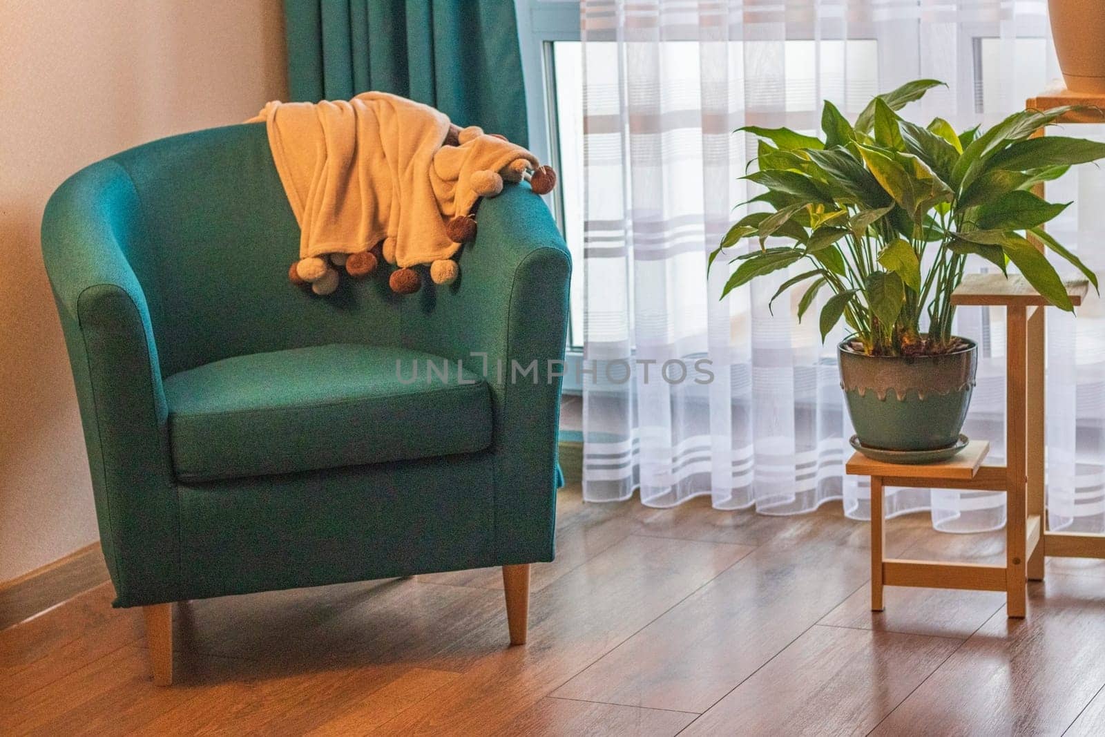 Close up of the cozy corner in the apartment with comfortable arm chair