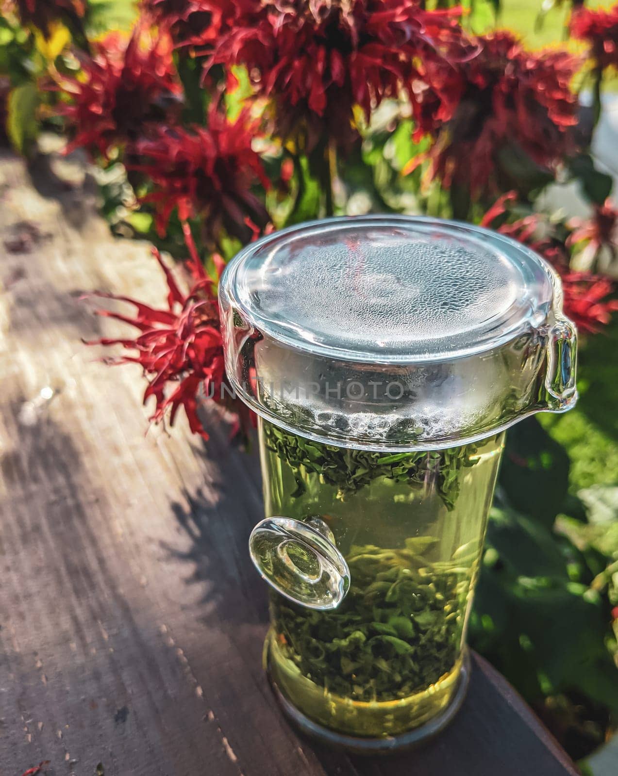 A refreshing glass of aromatic herbal tea infused with fresh herbs amid colorful blooming flowers in a sunlit garden