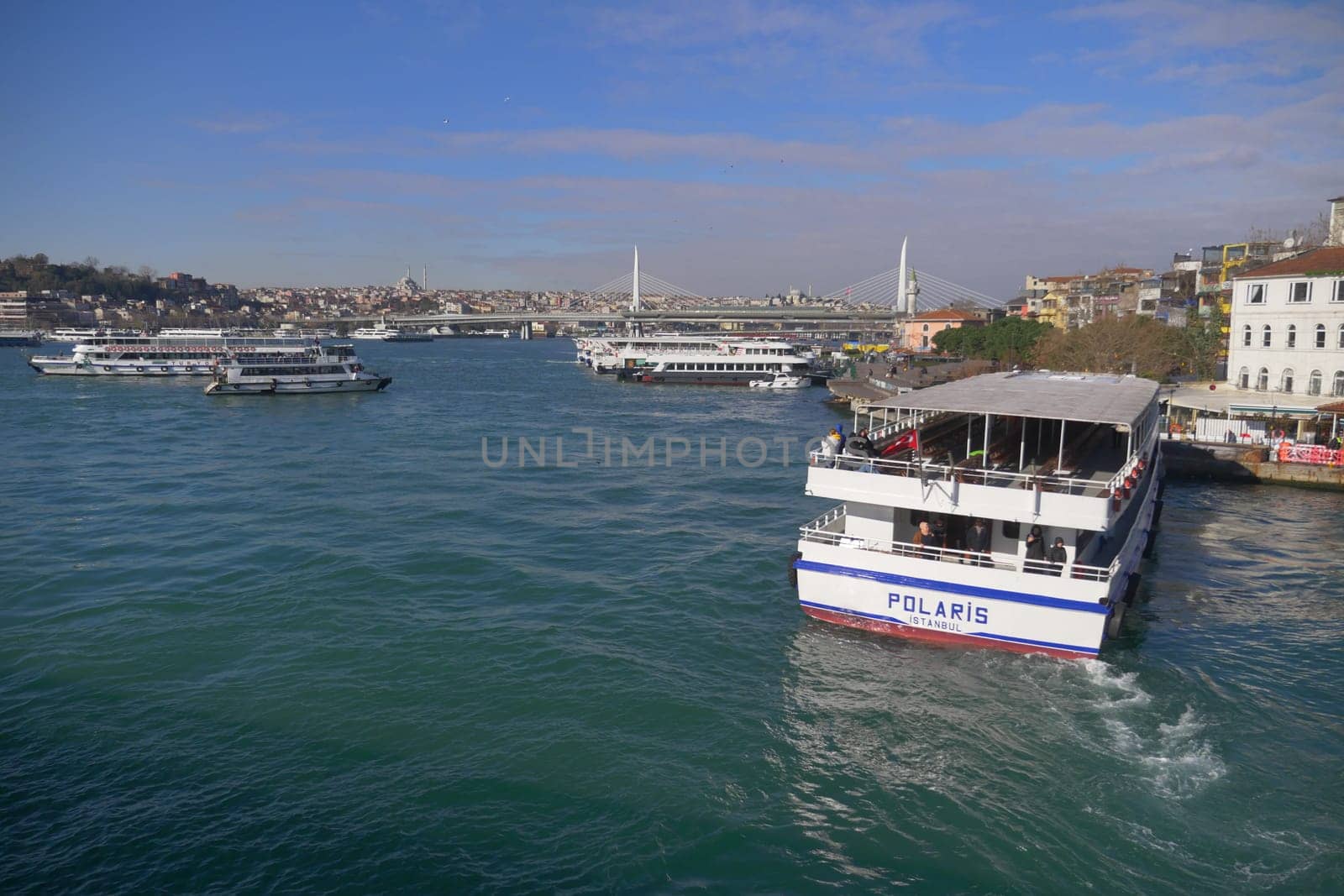 Turkey istanbul 18 july 2023. Transport ferry in the Bosphorus. Ferryboat carries passengers.