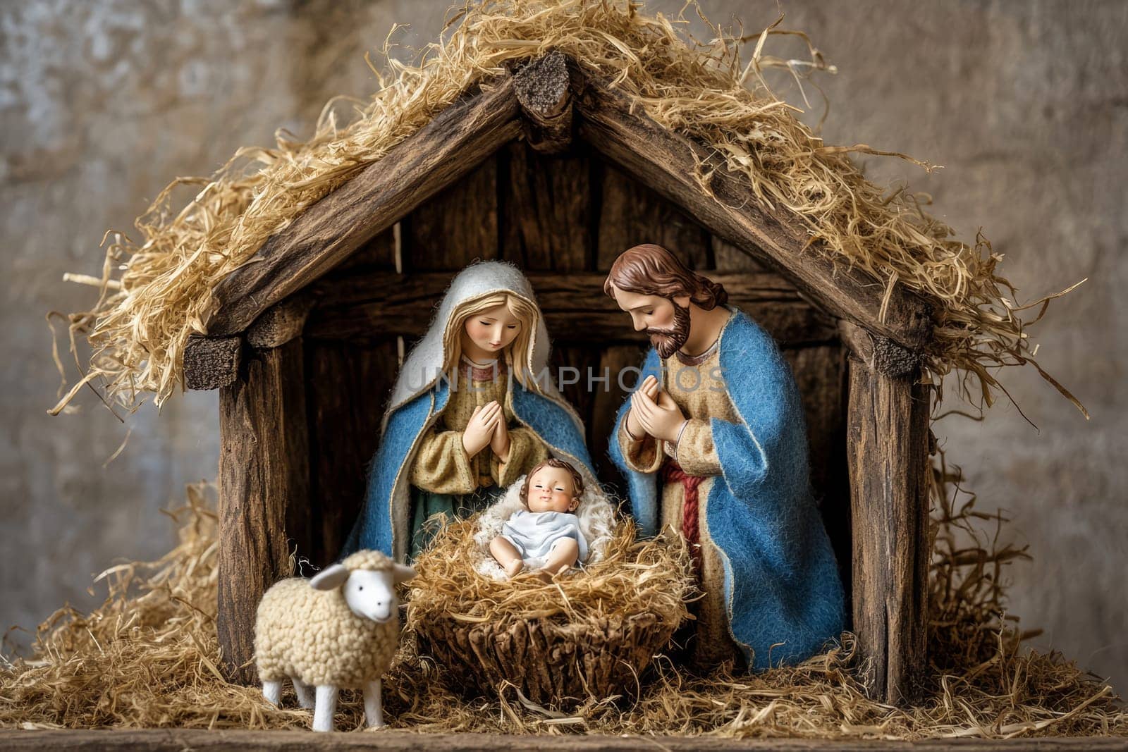 Christmas creche with Joseph Mary and small Jesus
