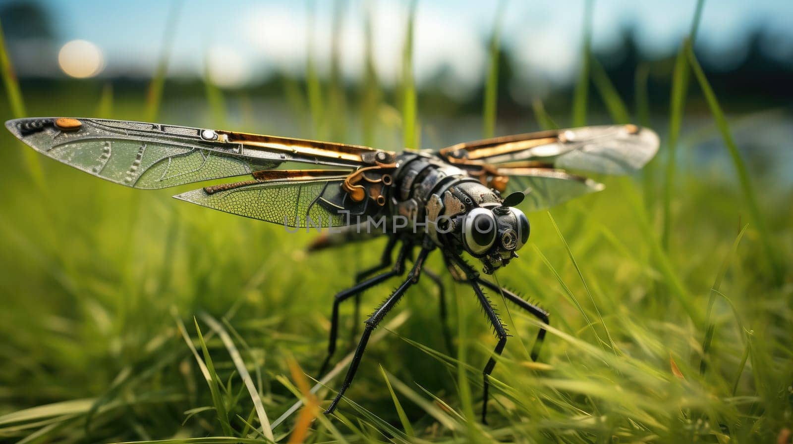 A mechanical dragonfly with intricate designs stands on lush green grass in a vibrant outdoor setting, showcasing its unique features under bright sunlight.