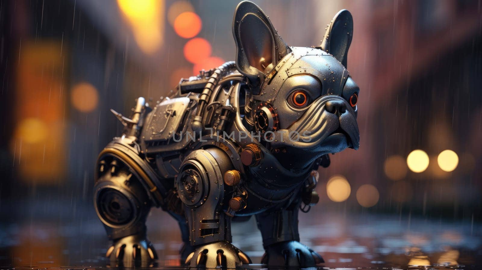 A detailed robotic dog resembling a French bulldog showcases intricate metallic features in a vibrant cityscape. Raindrops glisten on its surface as lights reflect around.