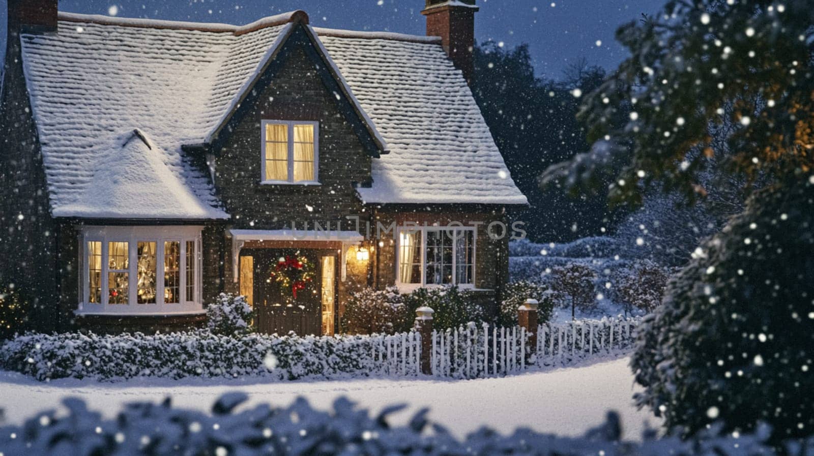 Christmas in the countryside, cottage decorated for holidays on a snowy winter evening with snow and holiday lights, English country styling inspiration
