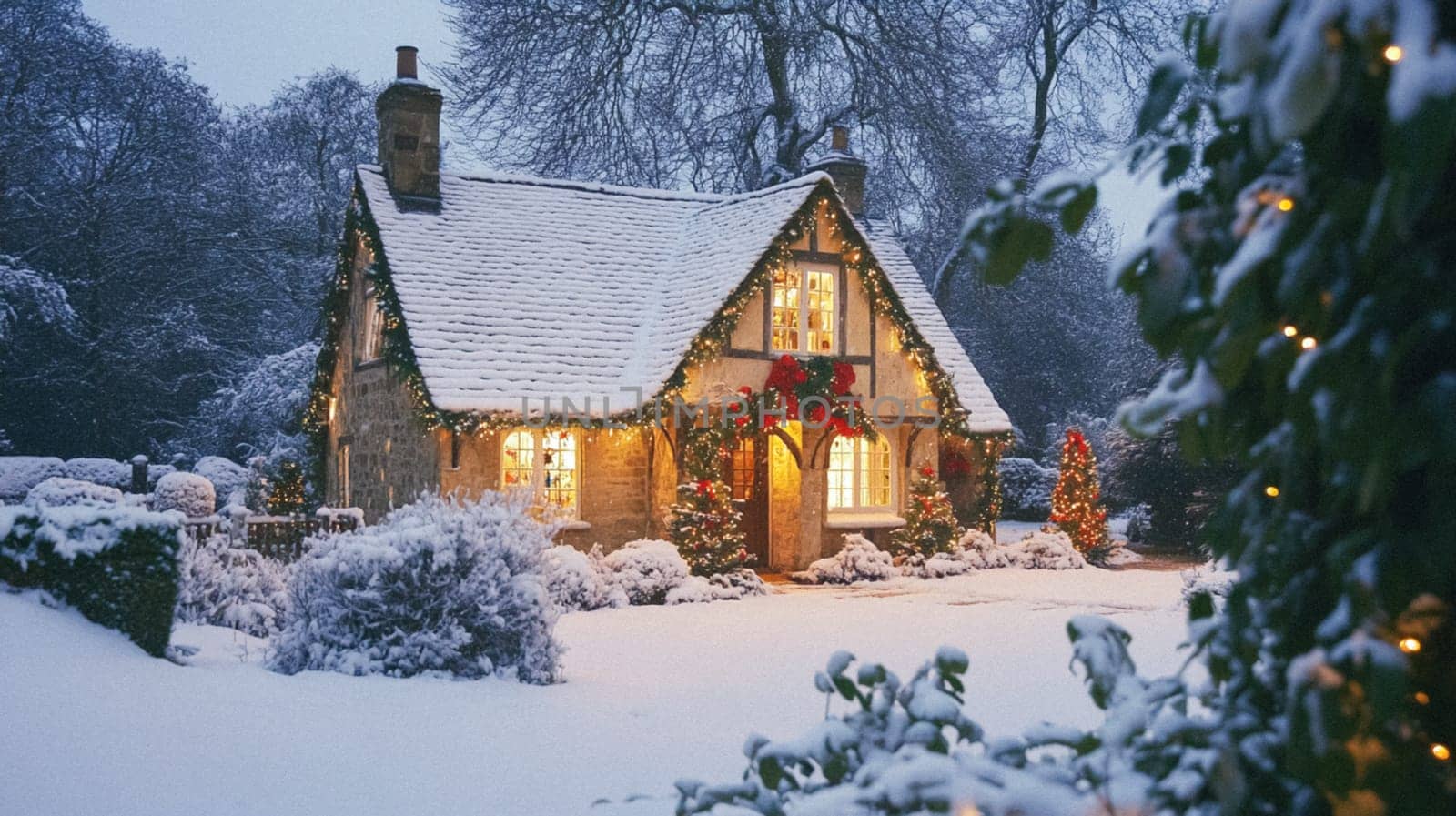 Christmas in the countryside, cottage decorated for holidays on a snowy winter evening with snow and holiday lights, English country styling inspiration
