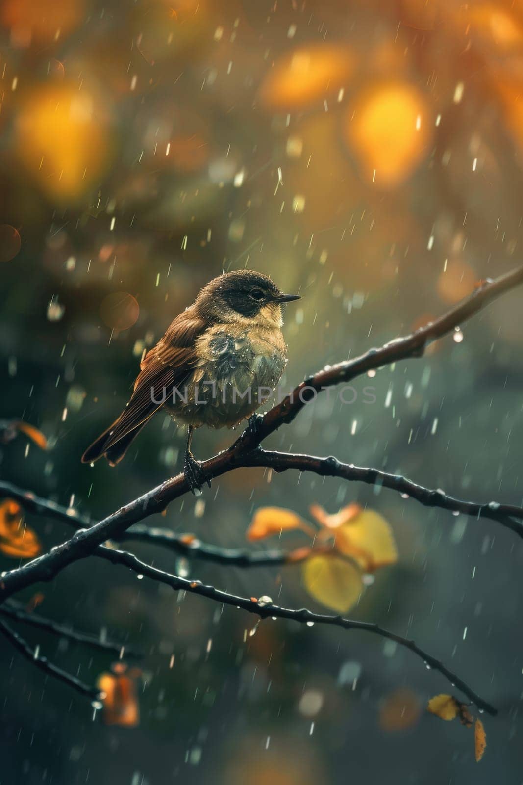 A small bird sits on a branch during a downpour, surrounded by cascading water droplets. the blurred green background highlights the bird's detailed feathers, capturing the essence of rain-soaked serenity in nature.