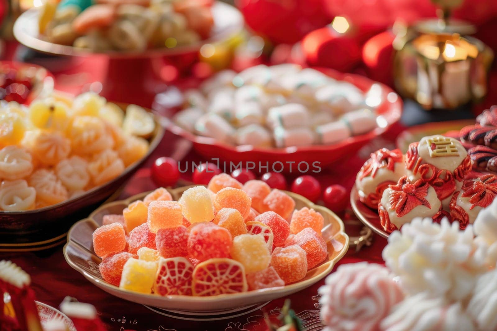 Traditional chinese new year sweets and treats on a decorative table, surrounded by vibrant red accents and festive decorations, including cane sugar candies, all set against a backdrop that embodies cultural traditions and celebrations.