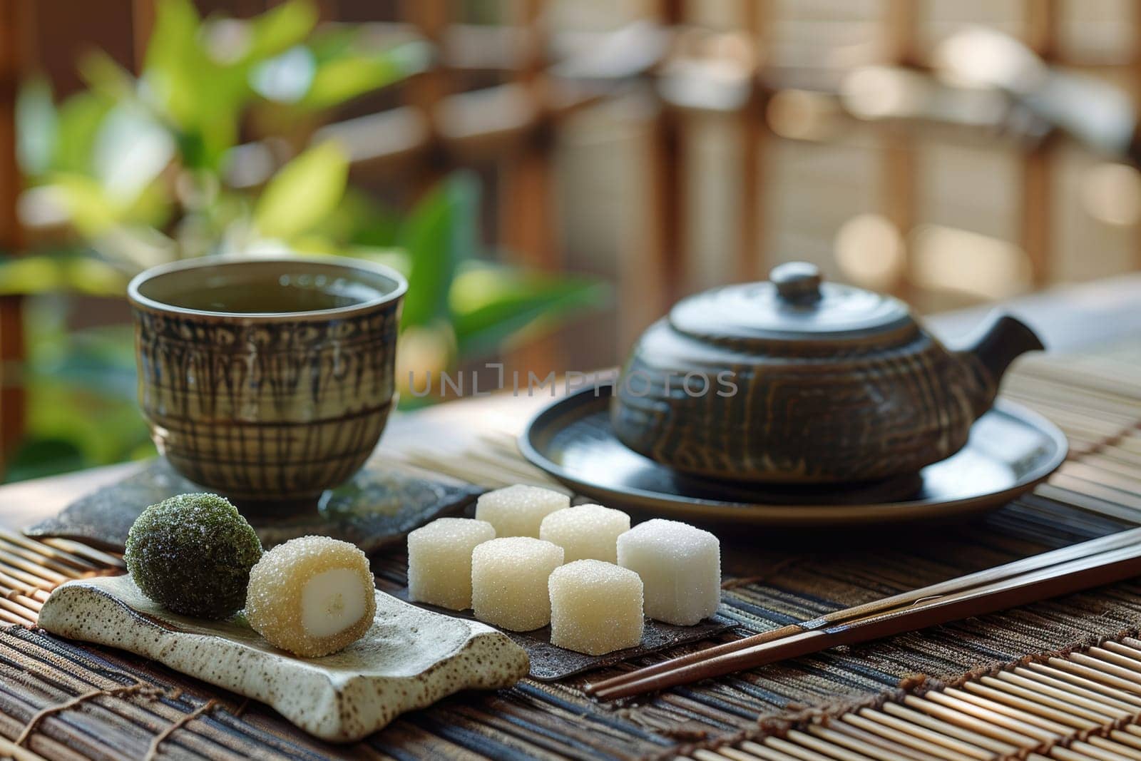 Traditional japanese tea ceremony setup featuring wagashi made from cane sugar. the sweets are beautifully arranged alongside a ceramic tea set, enhancing the serene and artistic presentation of this cultural ritual.