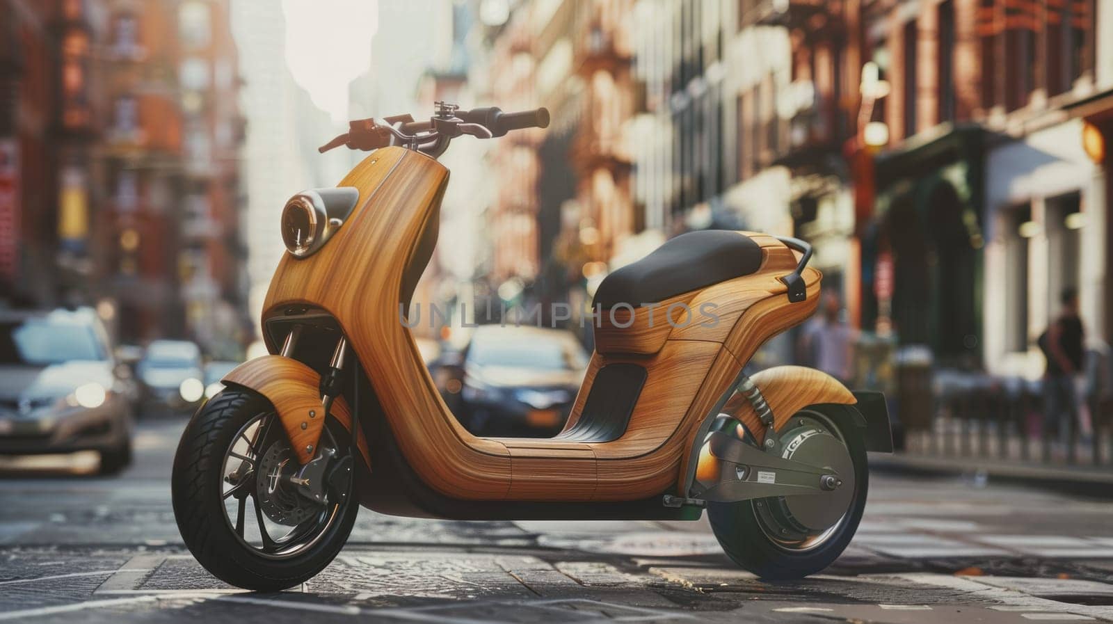 A sleek bamboo electric scooter is parked amid bustling city traffic, representing a new wave in eco-friendly urban transportation. the scooter's innovative design stands out against the vibrant backdrop of urban life, sustainability.