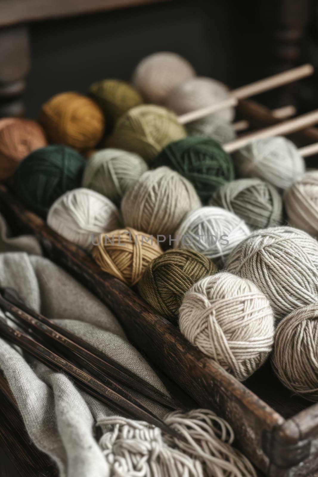 Natural fiber yarn balls in earthy tones fill a wooden tray, showcasing eco-friendly knitting materials. a pair of vintage knitting needles completes the rustic setup, ideal for craft and sustainable living enthusiasts who value eco-conscious creativity.