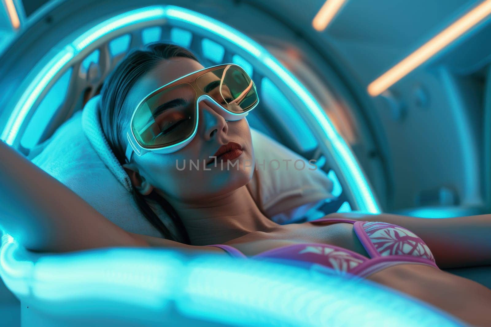A serene woman lies in a sleek solarium bed, wearing protective goggles and a bikini. the solarium's soft blue illumination enhances her relaxed expression, both the modern design and her tranquil state.