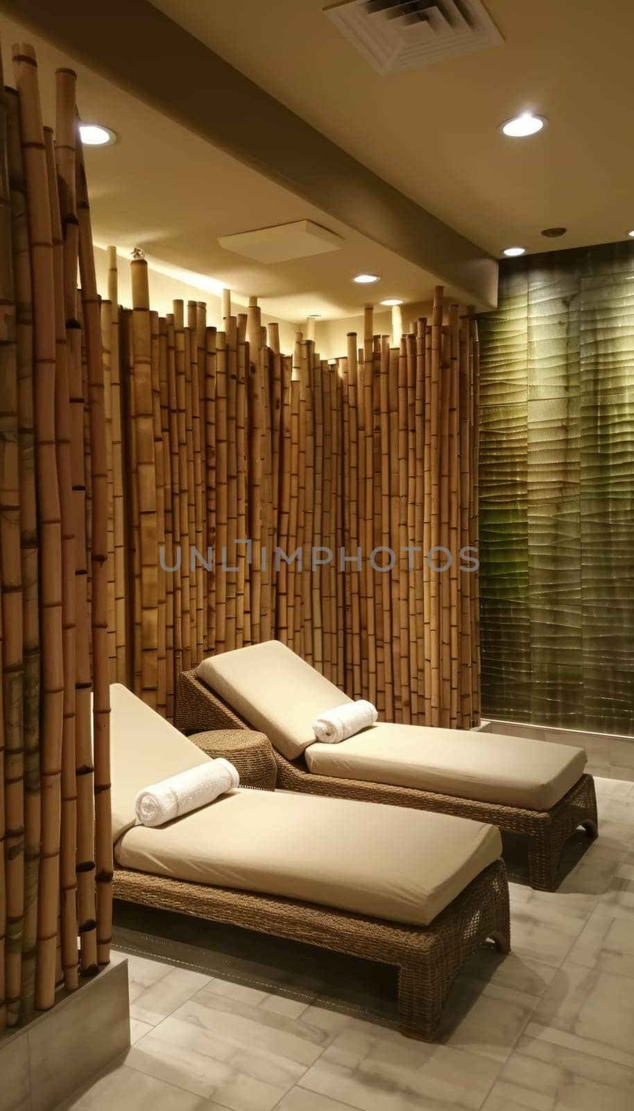 Tranquil spa room features bamboo furniture and soft ambient lighting, creating a serene atmosphere for relaxation and rejuvenation. designed with ultimate comfort in mind, this space enhances wellness with natural elements.