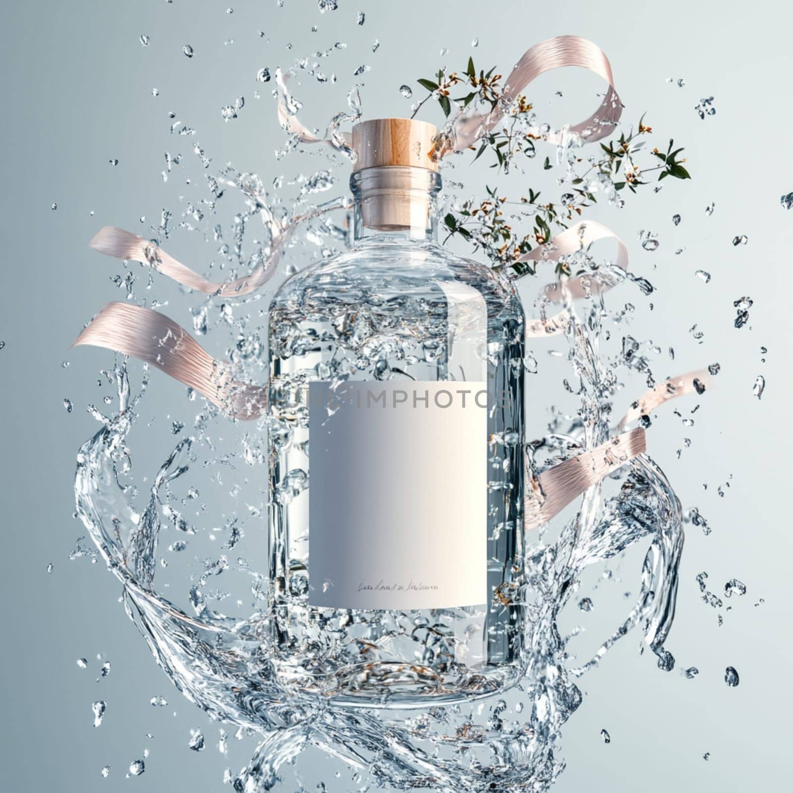 Transparent bottle filled with liquid is standing in the middle of a big splash of water, creating interesting shapes and reflections