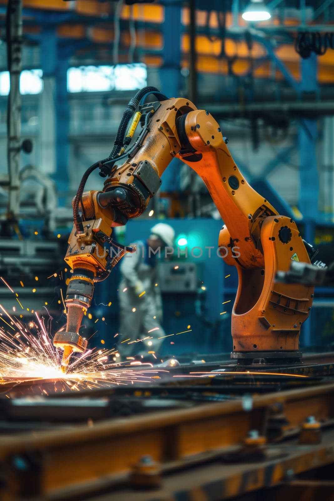 A cutting-edge welding robot operates autonomously within a high-tech factory setting. the robot skillfully performs welding tasks with precision amid a bustling industrial environment. human workers observe and supervise the automated process.