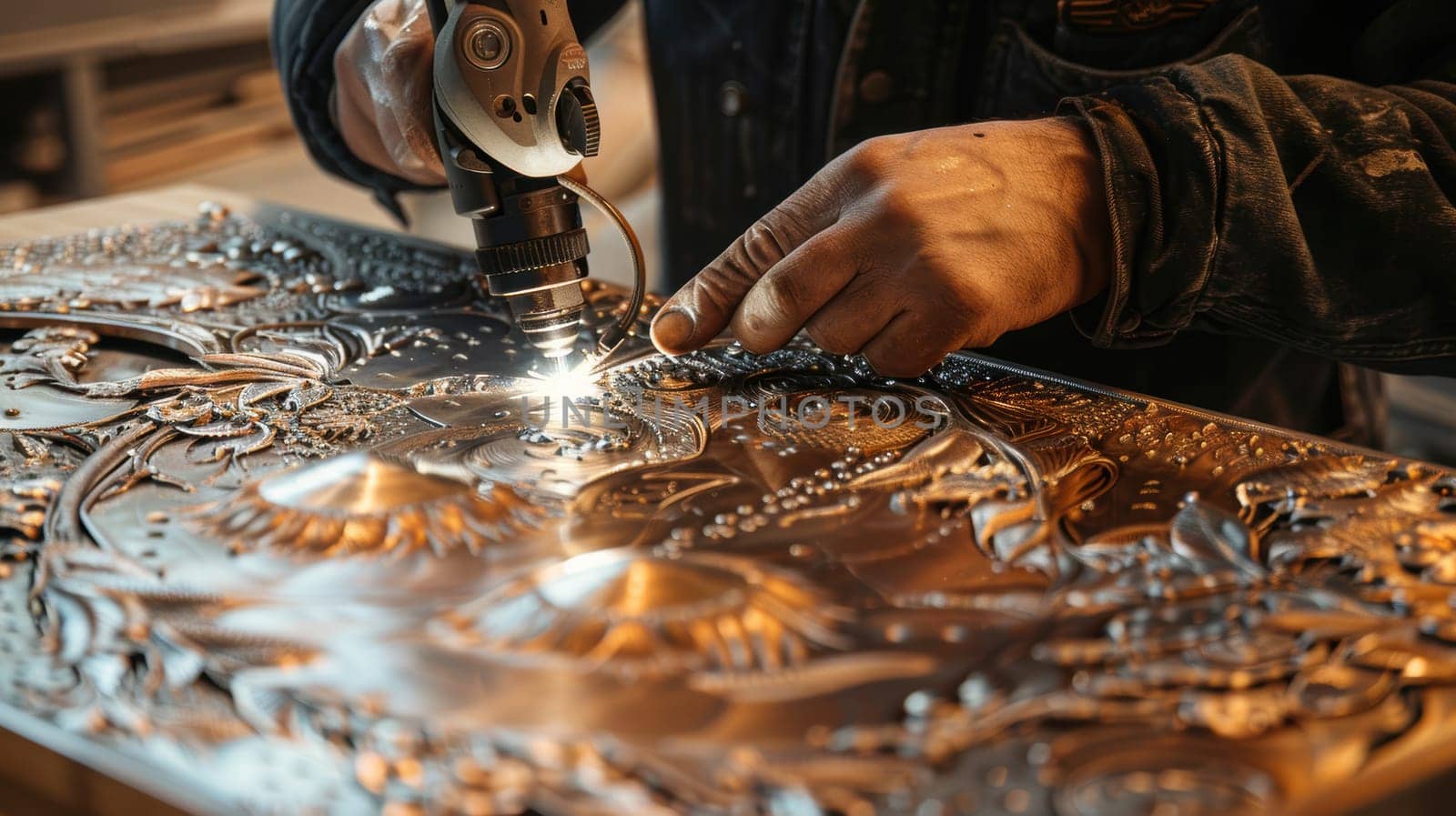 Skilled hands expertly maneuver advanced welding tools to intricately engrave metal, merging traditional artistry with high-tech methods. sparks fly as the artist crafts detailed, textured designs, precision and creativity.