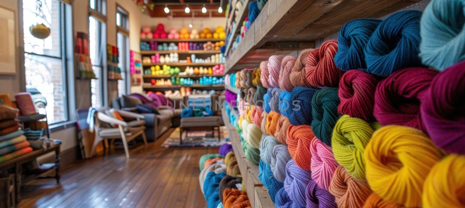 A colorful yarn shop interior featuring a vibrant array of yarns in various hues neatly organized on shelves. the cozy atmosphere is enhanced by a comfortable seating area, inviting creativity and warmth in a well-lit space.