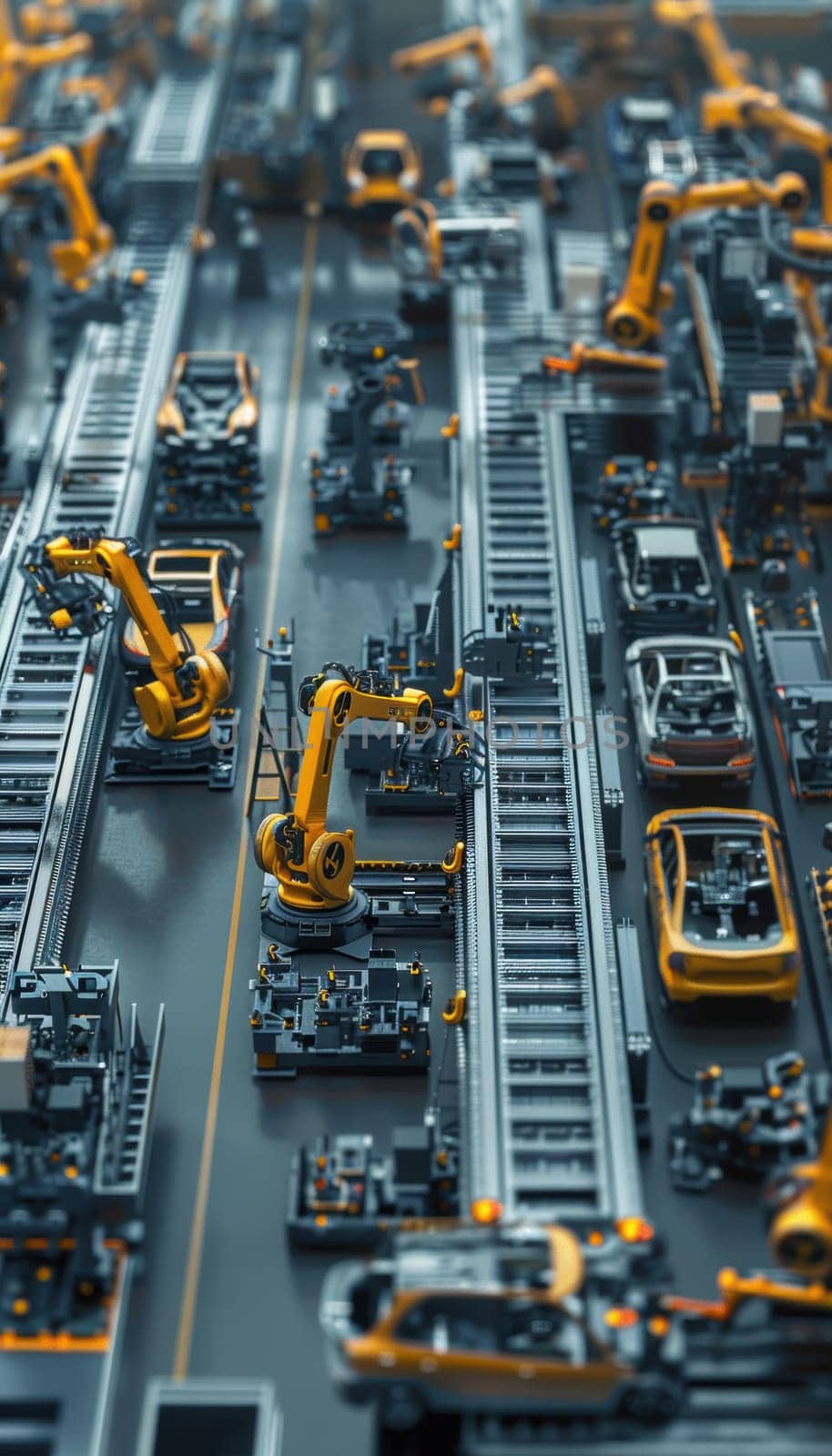 An overhead perspective showcasing a busy automobile assembly line. the image features organized factory operations with partially assembled cars, advanced robotic arms, and state-of-the-art machinery, emphasizing industrial innovation.