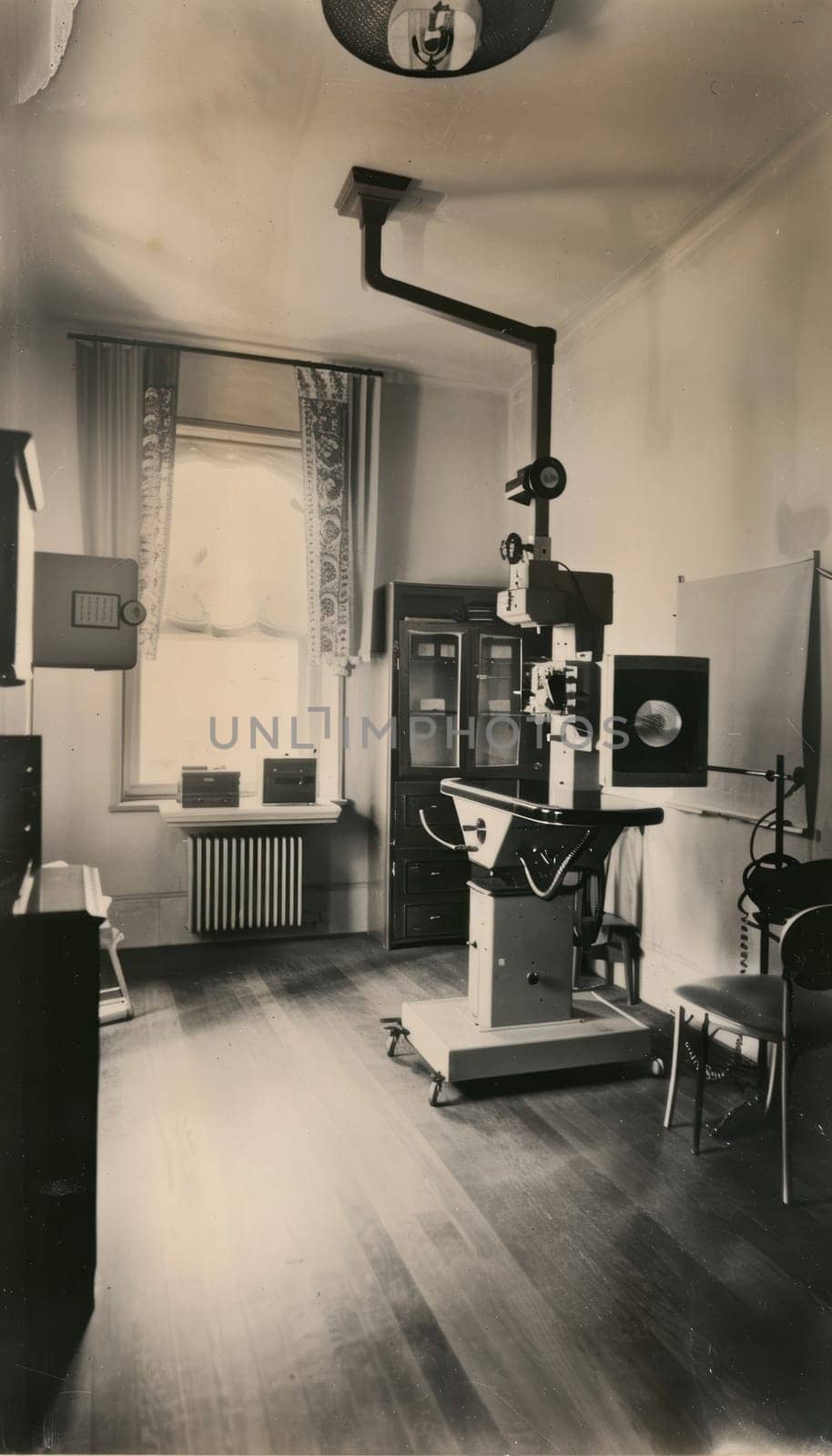 Vintage 1920s radiology room showcasing early x-ray machines and equipment. the setting historical development of medical technology, the evolution of diagnostic tools and healthcare advancements in the early 20th century.