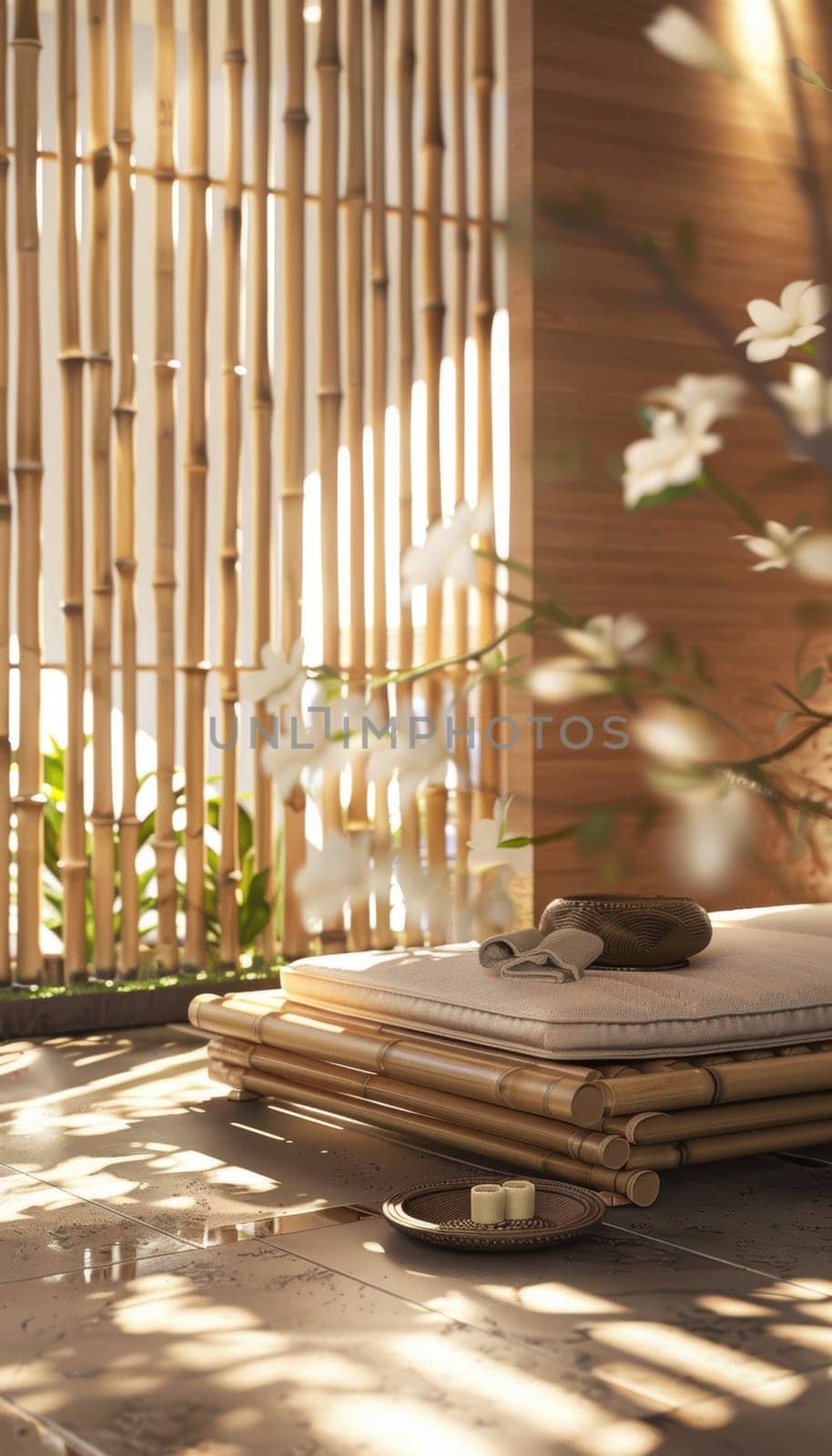 Tranquil spa room featuring bamboo decor, including wall panels and a bamboo bed frame. the space exudes relaxation and wellness, enhanced by soft lighting and soothing colors, perfect for a serene experience.