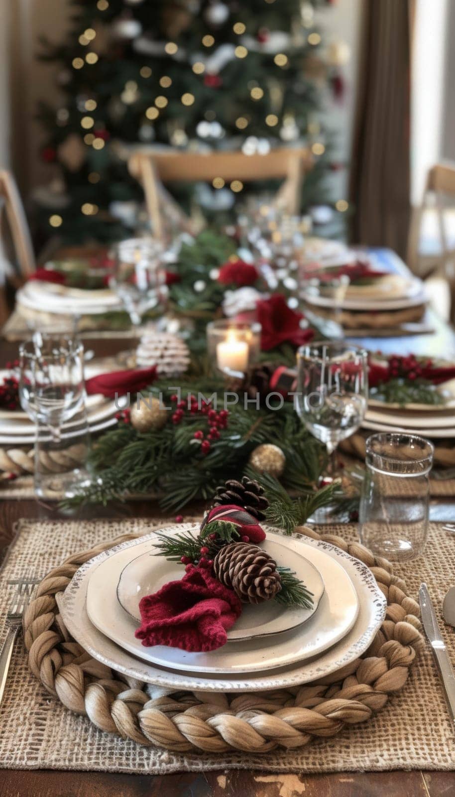 A beautifully decorated holiday dinner table featuring yarn napkin rings, woven placemats, and elegant glassware. a christmas tree adorned with colorful ornaments serves as a festive backdrop, creating a warm and inviting atmosphere for celebrations.